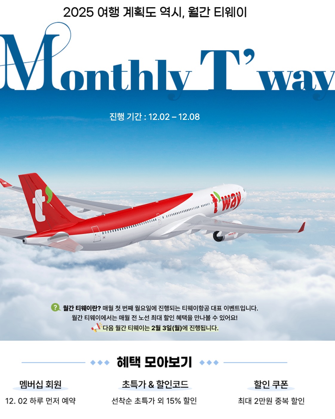 티웨이, 12월 프로모션 오픈🎉

티웨이가 ‘월간 티웨이 12월 프로모션’을 통해 국내선 4개 노선(김포-제주, 청주-제주, 대주-제주, 광주-제주) 및 국제선 31개 노선(일본, 동남아, 유럽, 중화권, 중앙아시아, 대양주)을 포함한 총 35개 노선 대상입니다. 선착순 한정 초특가는 1인 편도 총액 기준 ▲인천-싱가포르 11만 8200원~ ▲인천-다낭 11만 5500원~ ▲인천-호찌민 10만 5500원~ ▲인천-프랑크푸르트 24만 9800원~ ▲인천-파리 29만 9800원~ ▲인천-로마 29만 9800원~ ▲인천-비슈케크 32만 8,200원~ 인천-시드니 32만 6360원부터입니다. 초특가 항공권을 놓쳤더라도 할인 코드 ‘월간티웨이’를 입력하면 최대 15% 할인된 가격에 항공권 예매를 할 수 있습니다.

출처: tway @twayair 이미지