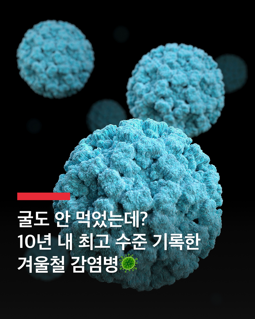 '최악 대유행' 기록한 노로바이러스🦠

겨울철 대표적인 식중독인 노로바이러스 감염증 환자가 대규모로 유행하며 10년 내 최고 수준을 기록했습니다.

질병관리청에 따르면 노로바이러스 환자 수는 작년 11월 1주 차부터 지속해서 증가해 지난달 4주 차(1월 19∼25일) 기준 469명에 달한 것으로 나타났습니다. 이 수치는 병원급 의료기관 210곳에서 장관감염증을 표본감시한 결과로, 설 명절이었던 지난달 5주 차 환자 수는 347명이었으나 이때는 연휴로 인해 환자 수가 감소한 것으로 추정됩니다.

주된 감염 경로는 노로바이러스에 오염된 물(지하수) 또는 어패류 등의 음식물 섭취, 환자와의 접촉인데요. 비말에 의한 감염도 가능한 데다 전파력이 매우 강해 주의가 요구됩니다. 노로바이러스는 대부분 2∼3일이 지나면 낫지만, 면역을 유지하는 기간이 짧아 과거에 걸렸던 사람도 재감염될 수 있고 예방 백신도 없어 철저한 예방이 필요합니다.

예방을 위해서는 손 소독제보다는 비누를 사용해 30초 이상 손을 씻는 게 좋으며, 식재료는 흐르는 물에 세척해 85도 이상에서 1분 이상 충분히 익힌 뒤 섭취해야 합니다. 이미지