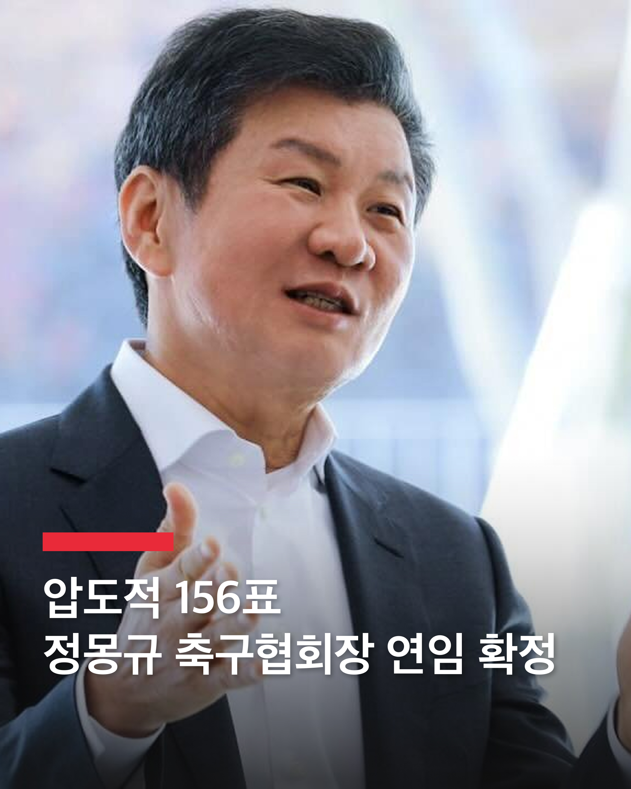 정몽규 대한축구협회장 연임 확정

정몽규 HDC그룹 회장이 대한축구협회 회장 선거에서 4연임에 성공했습니다.

그는 26일 열린 제55대 축구협회장 선거에서 신문선 교수와 허정무 전 감독을 제치고 압도적인 승리를 거두었습니다.

정 회장은 1차 투표에서 유효투표 183표 중 156표를 얻으며 과반을 훌쩍 넘겨 결선 투표 없이 당선을 확정지었습니다. 이로써 그는 2029년까지 4년 더 축구협회를 이끌게 됩니다.

2013년 첫 취임 이후 연임을 거듭한 정 회장은 이번 임기까지 마치면 16년간 회장직을 맡게 됩니다. 이는 역대 최장 기록으로, 정몽준 전 회장(1993~2009년)과 동률을 이루게 됩니다. 이미지
