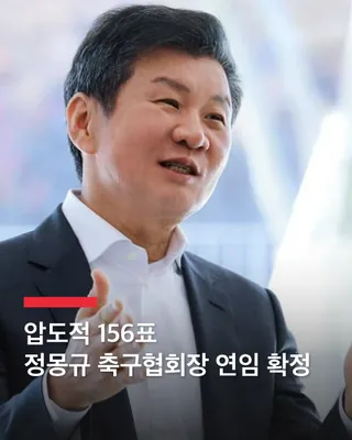 정몽규 대한축구협회장 연임 확정
정몽규 HDC그룹 회장이 대한축구협회 회장 선거에서 4연임에 성공했습니다.
그는 26일 열린 제55대 축구협회장 선거에서 신문선 교수와 허정무 전 감독을 제치고 압도적인 승리를 거두었습니다.
정 회장은 1차 투표에서 유효투표 183표 중 156표를 얻으며 과반을 훌쩍 넘겨 결선 투표 없이 당선을 확정지었습니다. 이로써 그는 2029년까지 4년 더 축구협회를 이끌게 됩니다.
2013년 첫 취임 이후 연임을 거듭한 정 회장은 이번 임기까지 마치면 16년간 회장직을 맡게 됩니다. 이는 역대 최장 기록으로, 정몽준 전 회장(1993~2009년)과 동률을 이루게 됩니다. 이미지