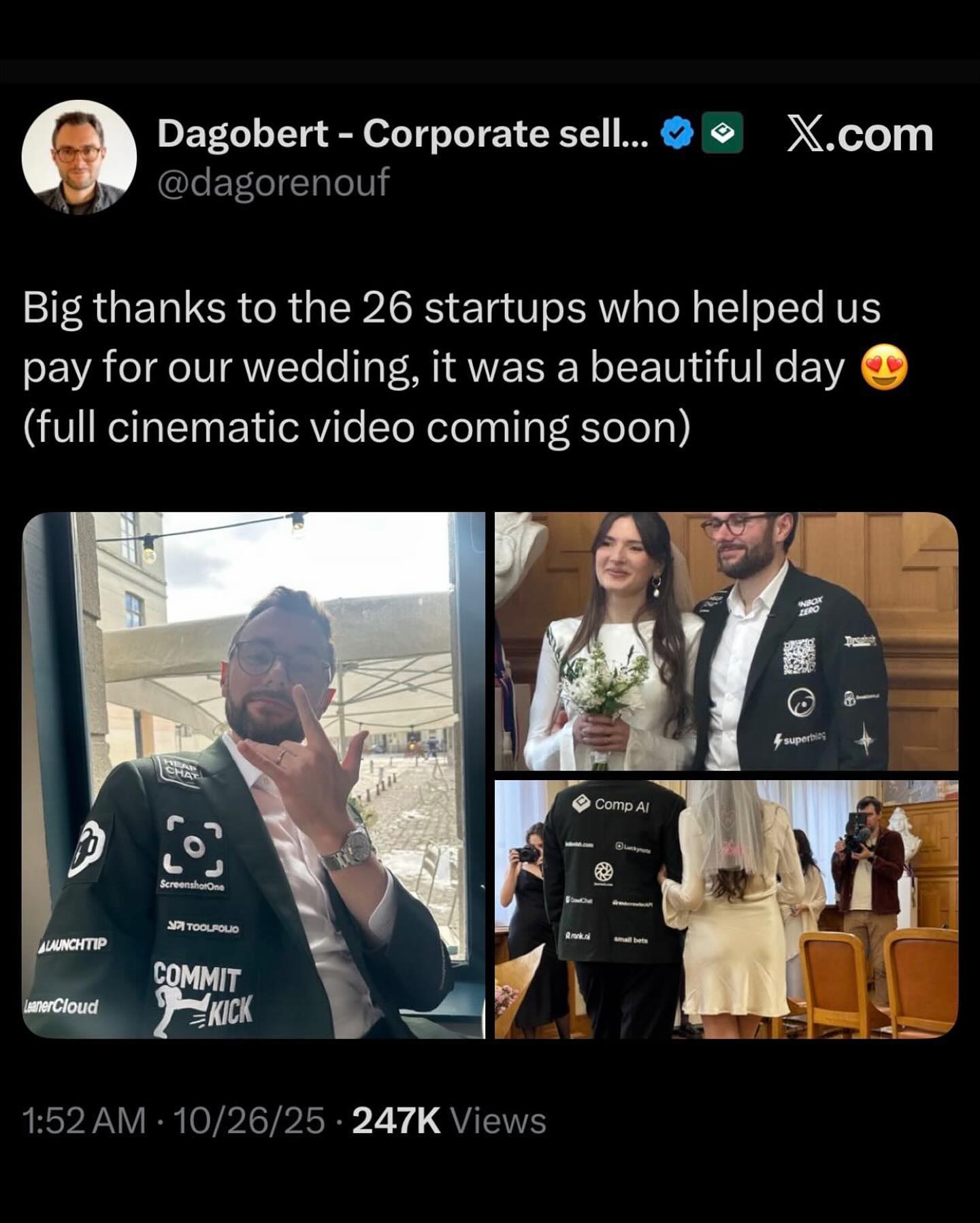 결혼식비용? 0원입니다👰🏻
스폰서가 다 냈다!? 사랑보다 더 뜨거운 ‘광고 수트’ 결혼❤️
프랑스 스타트업 창업가 다가베르 르누프는 '스폰서들이 결혼 비용을 후원했다'며 환하게 웃었는데요. 그는 자신의 결혼식에 26개 기업 로고를 붙인 ‘광고 수트’를 입고 등장했습니다.
누군가에겐 기발한 발상이고, 또 누군가에겐 지나친 결혼식. 여러분은 어떻게 생각하나요? 이미지4