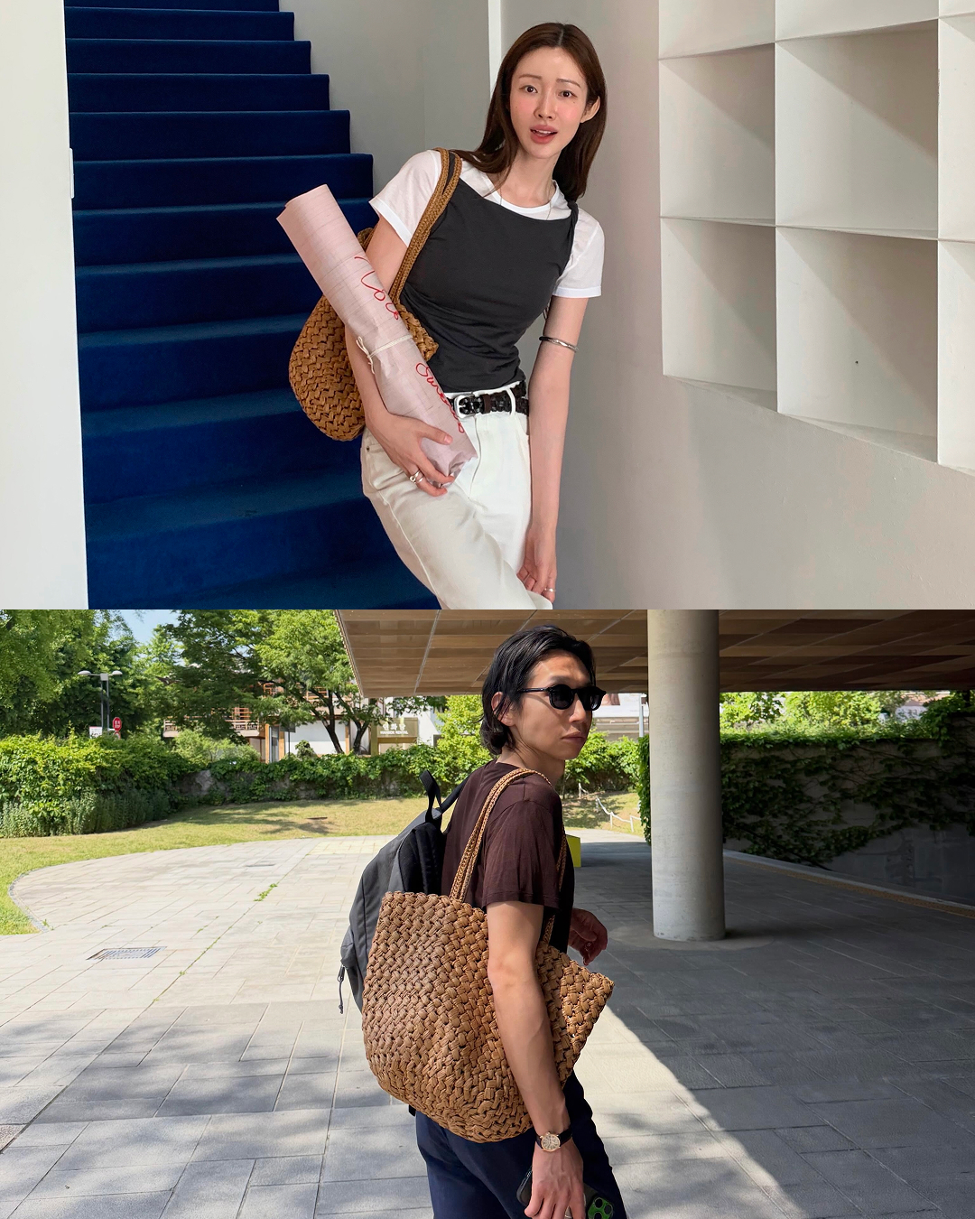 라피아 백 하나로 완성하는 여름 코디👜🤍 차정원과 봉태규의 여름 룩에서 공통으로 포착된 아이템은 더 로우의 에스텔 투 백입니다. 라피아 소재를 촘촘하게 엮어 만든 토트백으로, 길게 떨어지는 핸들과 둥글게 마무리된 바닥 실루엣이 특징인데요. 내추럴한 짜임 덕분에 가벼운 여름 코디에 산뜻하게 어울립니다. 차정원처럼 화이트 팬츠에 매치하면 산뜻한 여름 코디로, 봉태규처럼 브라운 티셔츠에 매치해 담백한 데일리 룩으로 연출할 수 있습니다. 라탄백을 고민 중이라면 두 사람의 스타일링을 참고해보세요. - 더 로우 에스텔 투 백, 200만 원대 이미지