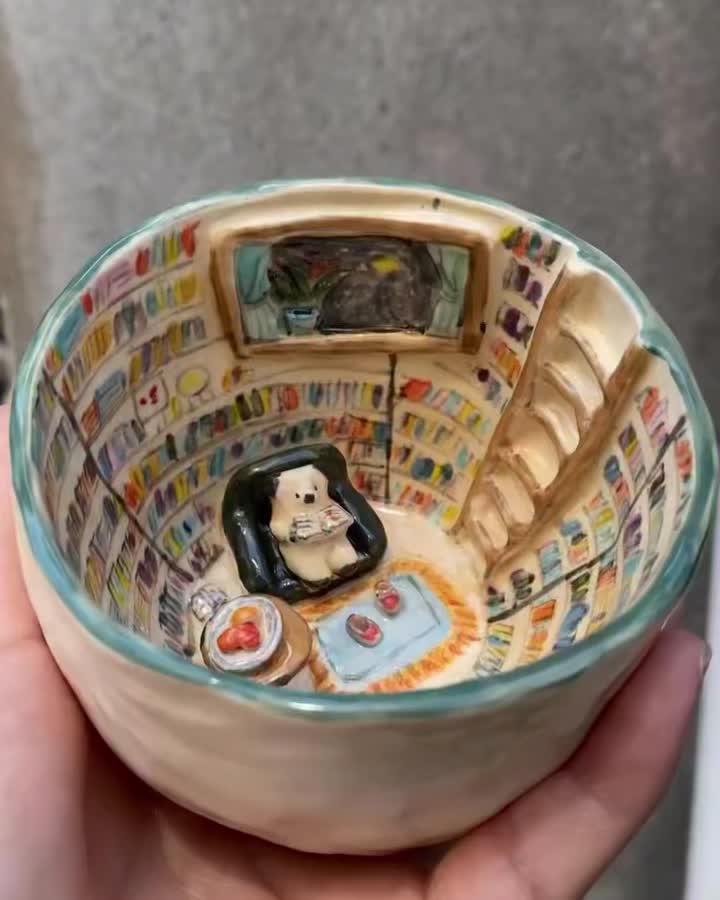 컵 안에 숨어 있는 작은 방?🚪 너무 귀여운 핸드메이드 세라믹 머그컵, Kiln Solo의 제품입니다. 겉으로 보면 평범한 컵처럼 보이지만, 안쪽을 들여다보면 작은 방과 서재, 귀여운 동물들이 숨어 있는데요. 음료를 따르기 아까울 만큼 사랑스러운 컵입니다. 물을 마실 때마다 컵 안의 작은 세계를 발견하는 기분을 느낄 수 있죠. 소장 욕구를 자극하는 아이템은 Kiln Solo 공식 홈페이지에서 참고해보세요. 이미지