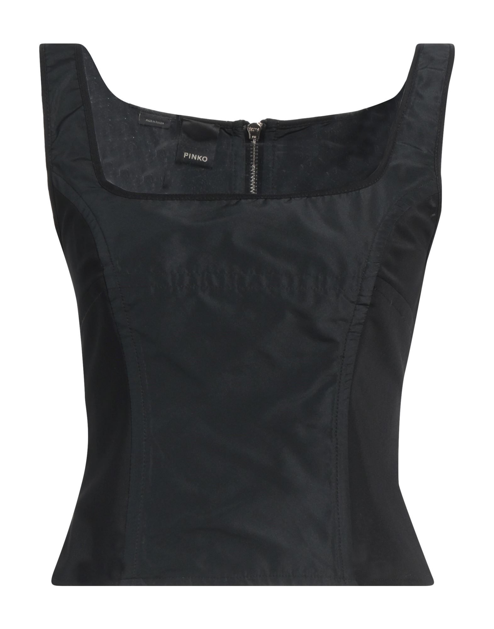 탑, 타프타, 스트레치 패브릭, 솔리드 컬러, 장식 부착 없음, 스퀘어 네크라인, 슬리브리스, 지퍼 여밈, 드라이클리닝, 표백 금지, 건조기 사용불가, 스타일과 우아함 그리고 화려함이 어우러진 멋진 파티 룩을 연출해줄 피스. 이미지