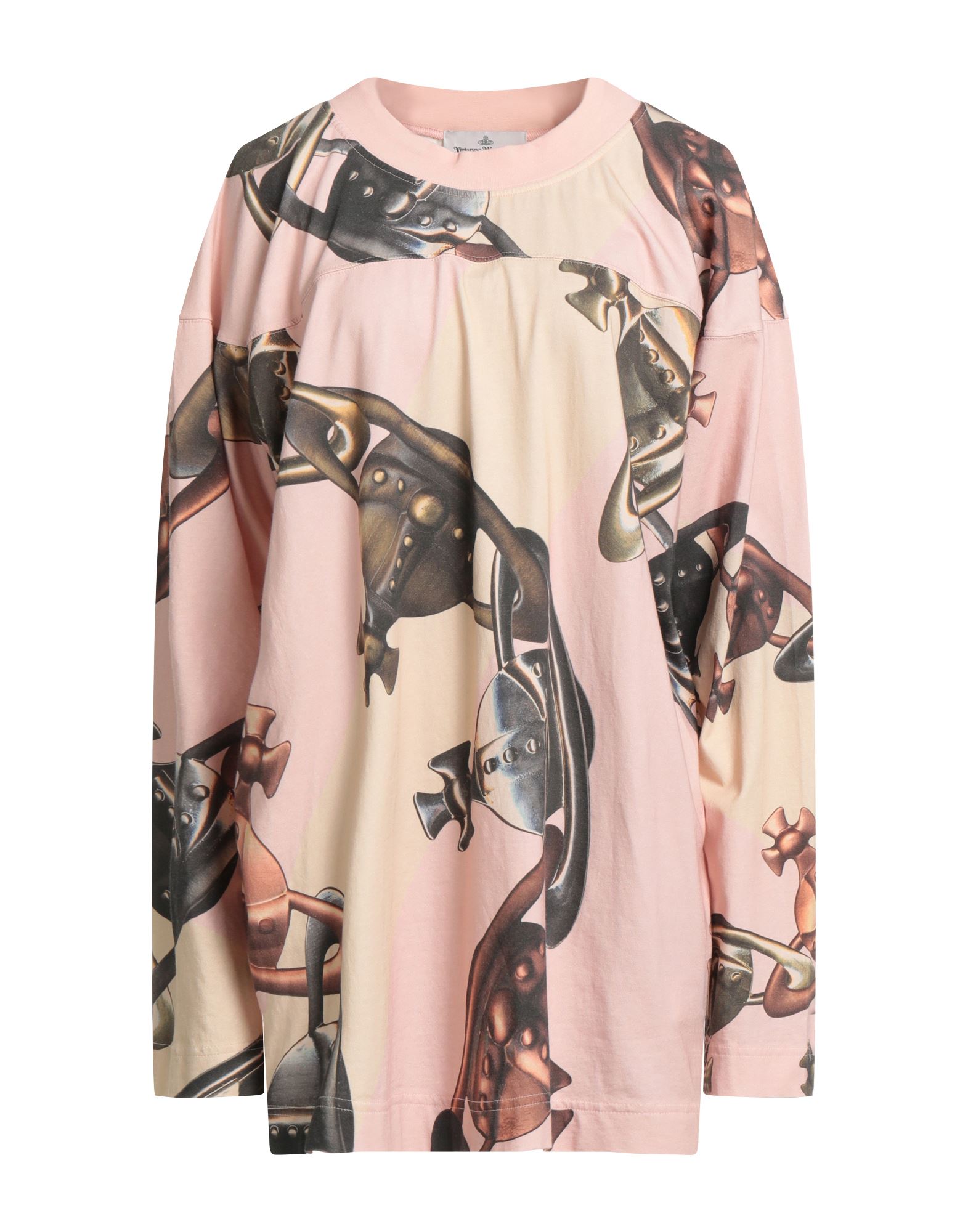 오버사이즈 티셔츠, 저지, 멀티컬러 패턴, 장식 부착 없음, 크루넥, 롱 슬리브, 세탁기로 세탁, 표백 금지, 건조기 사용불가. 이미지