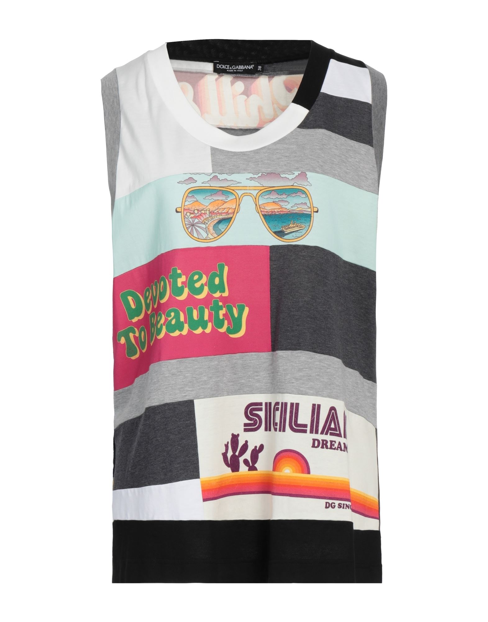 저지, 멀티컬러 패턴, 브랜드 로고, 프린트, 크루넥, 슬리브리스, 포켓 없음, 옆면 롱 슬릿. 이미지