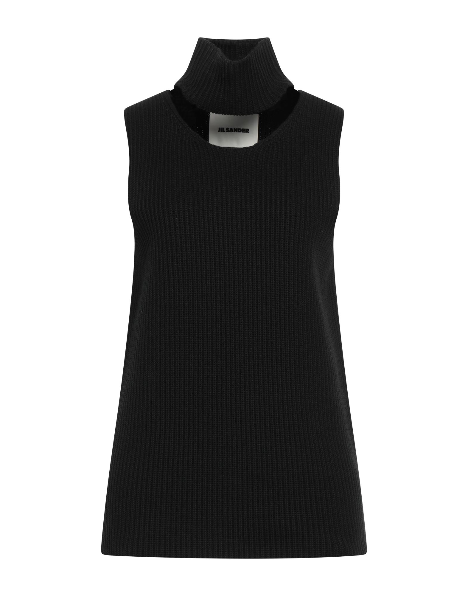 니트 소재, 미디엄웨이트 니트, 디테쳐블 디테일, 솔리드 컬러, 터틀넥, 슬리브리스, 탑. 이미지