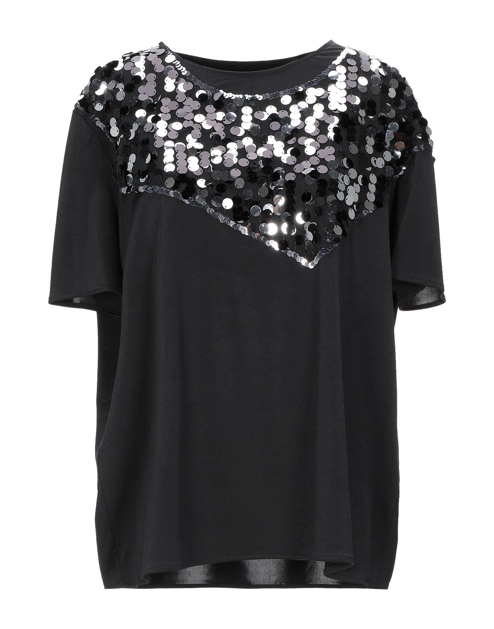 티셔츠, 튤, 저지, 솔리드 컬러, 시퀸, 크루넥, 쇼트 슬리브, 스트레치. 이미지