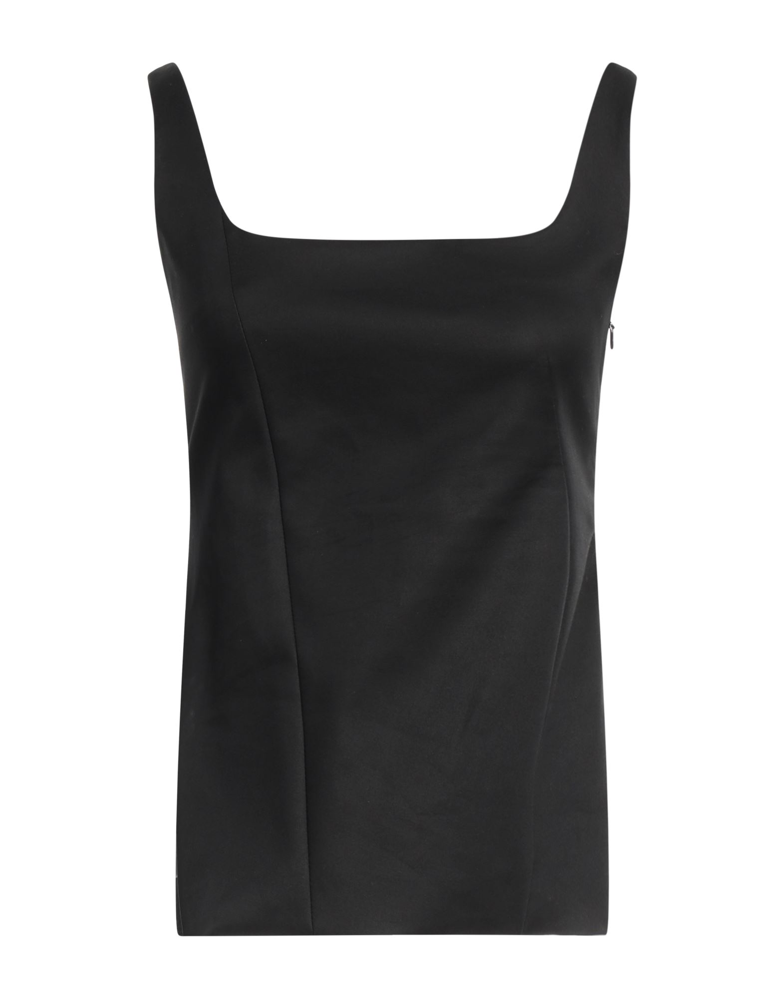 탑, 트윌, 솔리드 컬러, 장식 부착 없음, 와이드 네크라인, 슬리브리스, 어깨 패드, 지퍼 여밈. 이미지