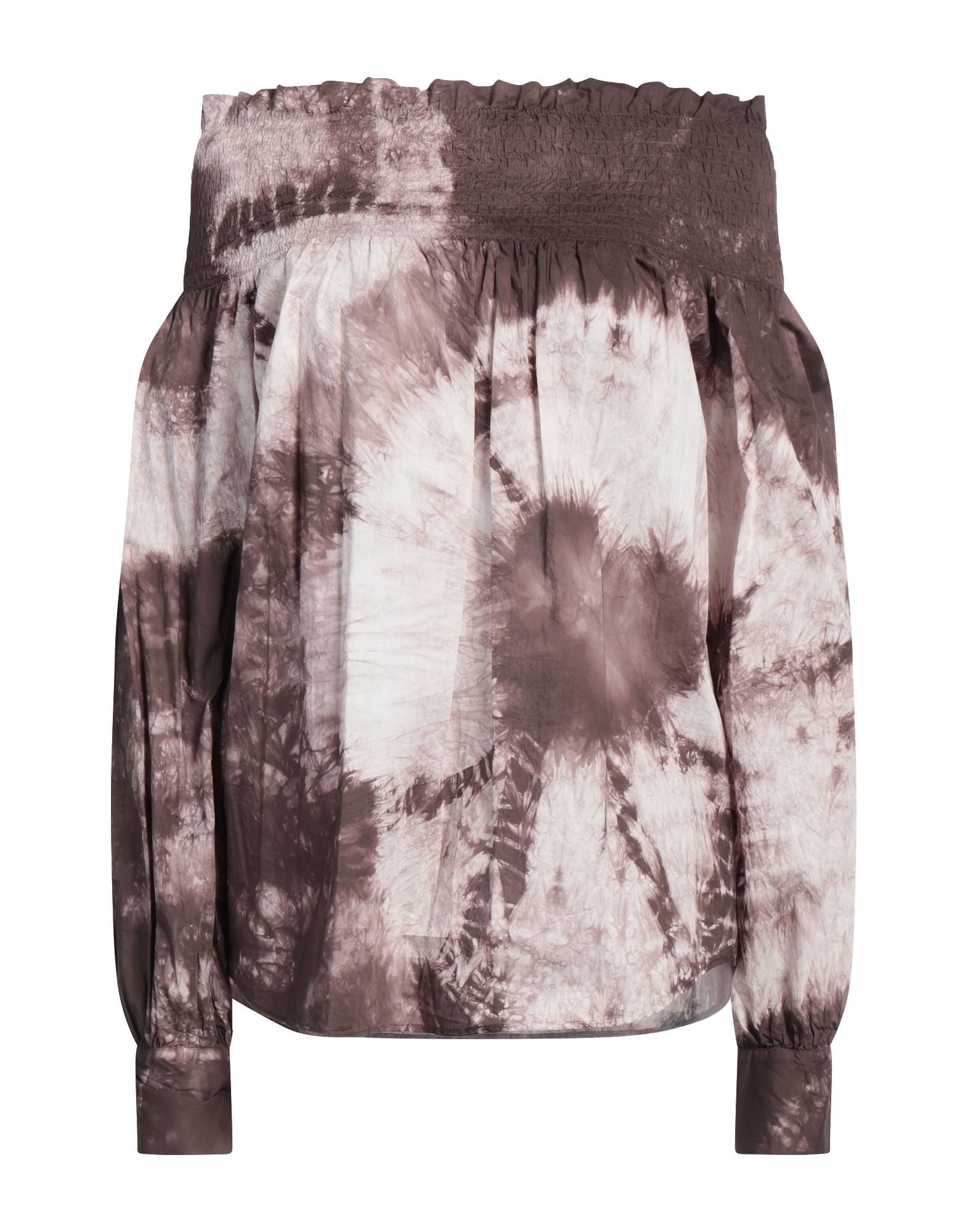 우븐, 개더 디테일, 투톤 패턴, 롱 슬리브, 오프 더 숄더 탑. 이미지