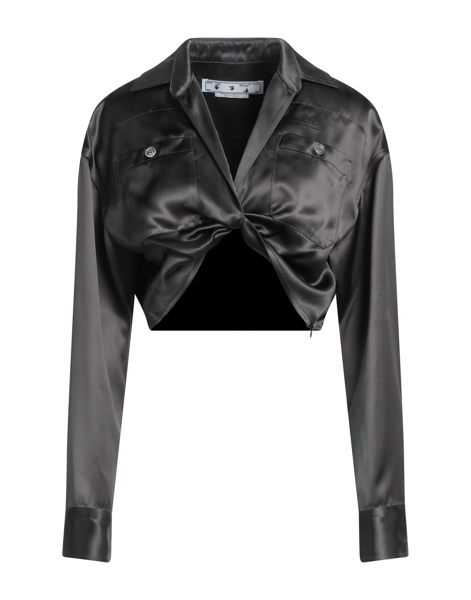 크롭 탑, 새틴, 프린트 디테일 솔리드 컬러, 브랜드 로고, 라펠, 롱 슬리브, 부분적으로 안감 처리한 내부. 이미지