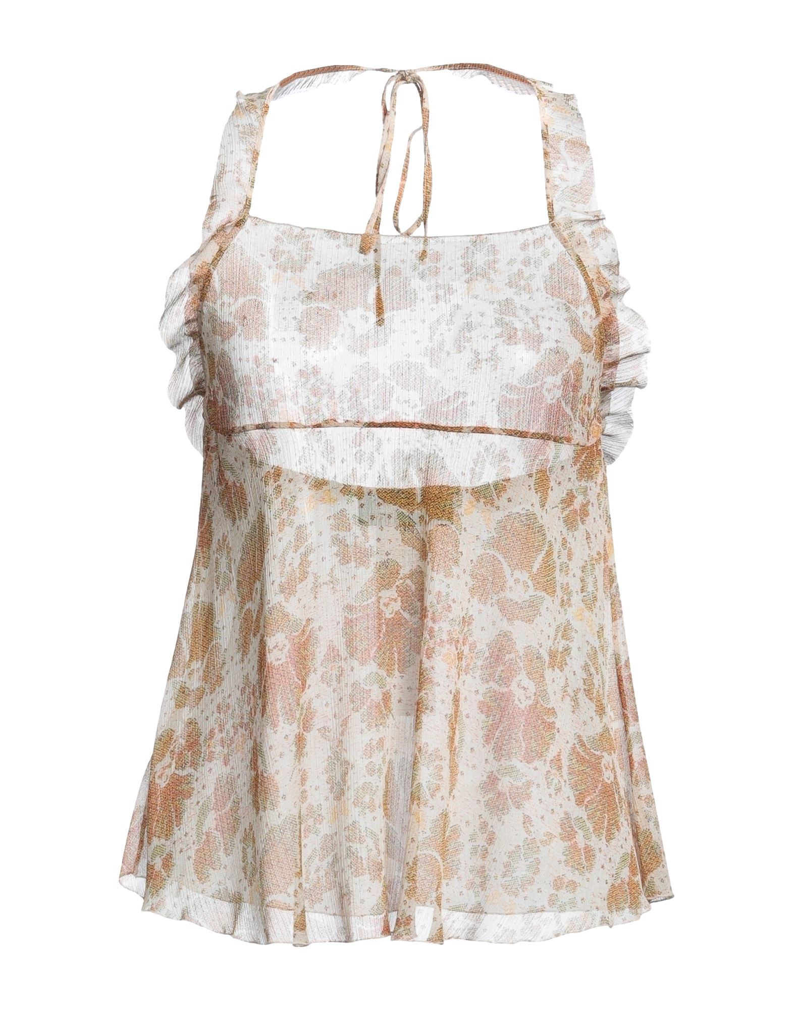 루쉬 디테일 탑, 크레이프, 플로럴 모티브, 장식 부착 없음, 크루넥, 슬리브리스, 타이 여밈. 이미지