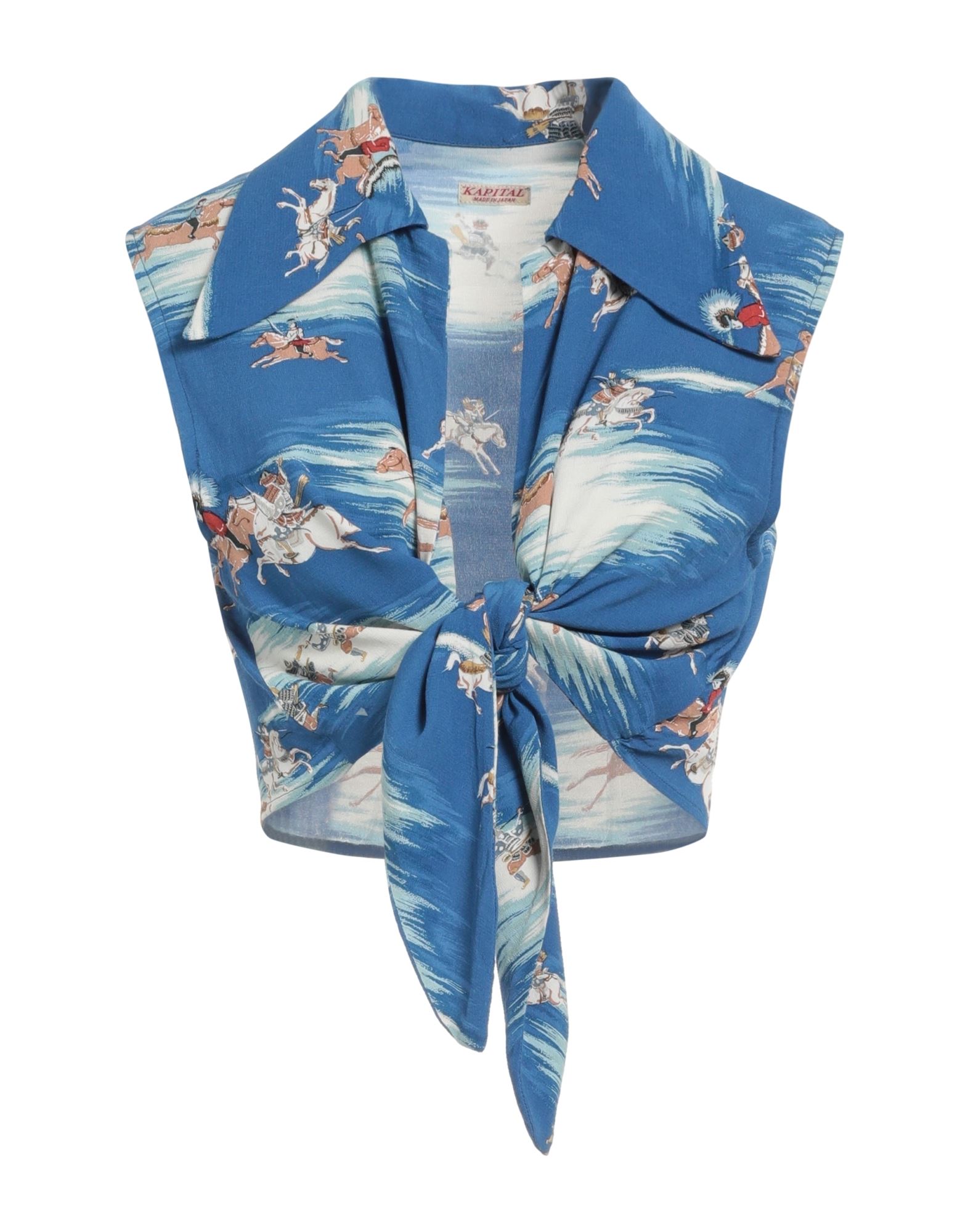 크레이프, 장식 부착 없음, 멀티컬러 패턴, 클래식 칼라, 슬리브리스, 타이 여밈, 손세탁, 표백 금지, 건조기 사용불가, 크롭 탑. 이미지