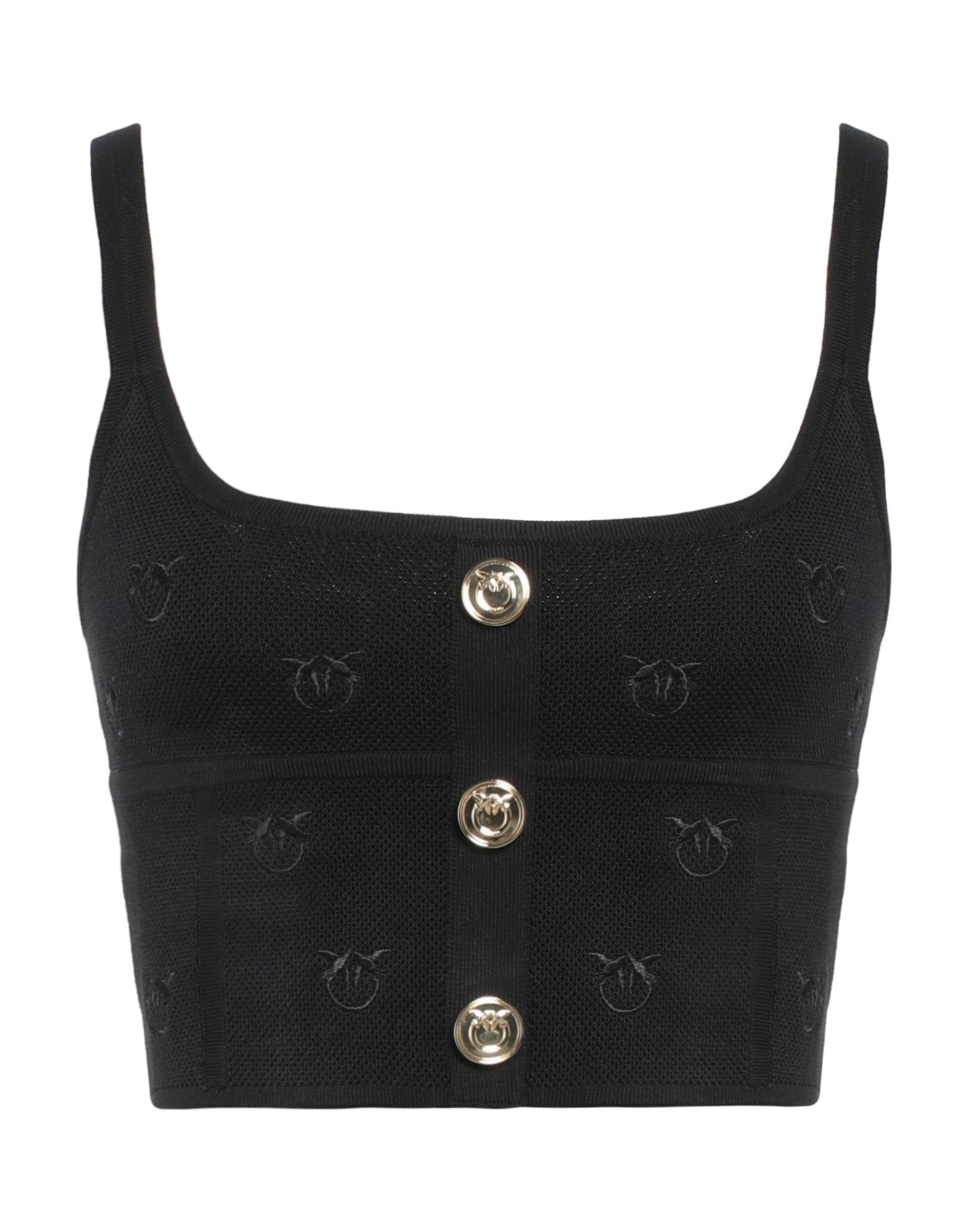 크롭 탑, 저지, 로고 디자인, 자수 로고 장식, 버튼 장식, 와이드 네크라인, 슬리브리스, 세탁기 세탁 또는 드라이클리닝, 표백 금지, 건조기 사용불가. 이미지