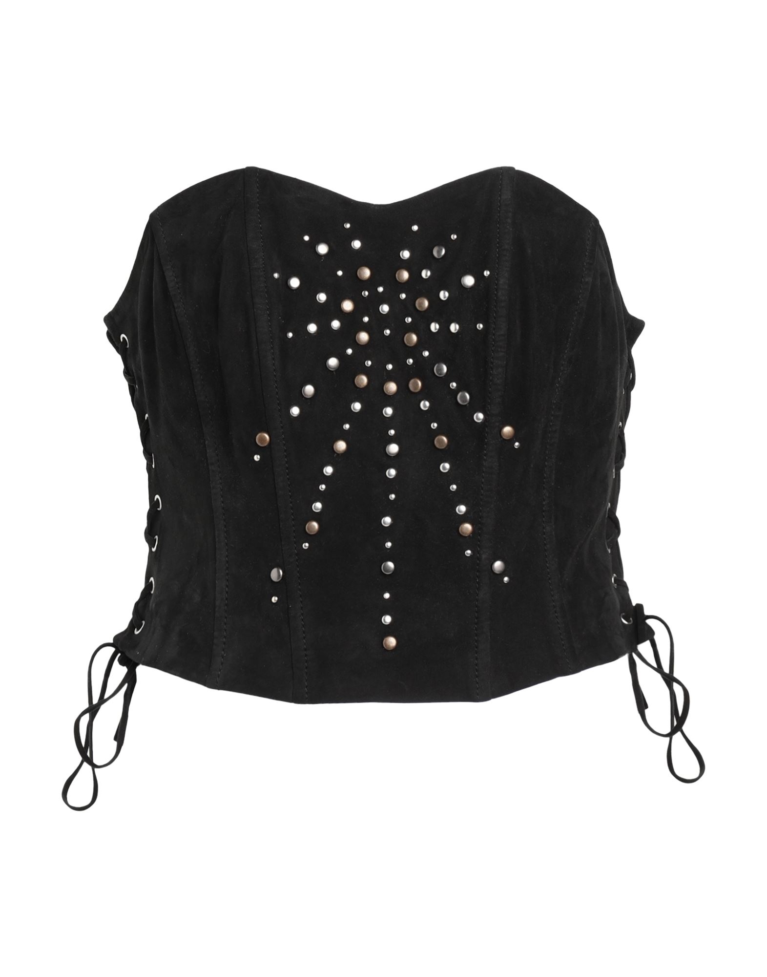 방도 탑, 주트 솔, 장식 디테일 솔리드 컬러, 스터드, 딥 네크라인, 지퍼 여밈, 타이 여밈, 동물성 비섬유 자재 함유. 이미지