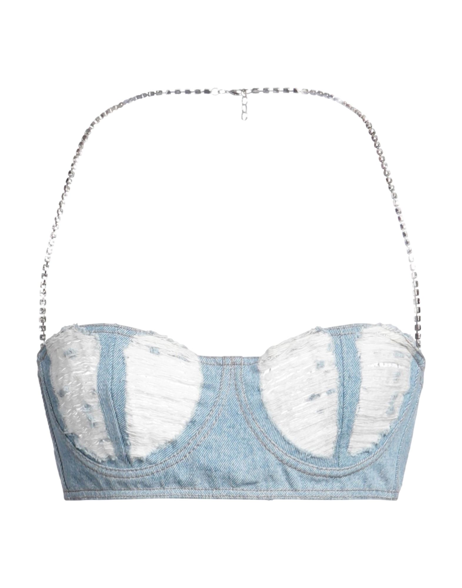 데님, 디스트레스드 효과, 크리스탈, 투톤 패턴, 스트랩리스, 슬리브리스, 안감없음, 후크 여밈, 포켓 없음, 크롭 탑. 이미지