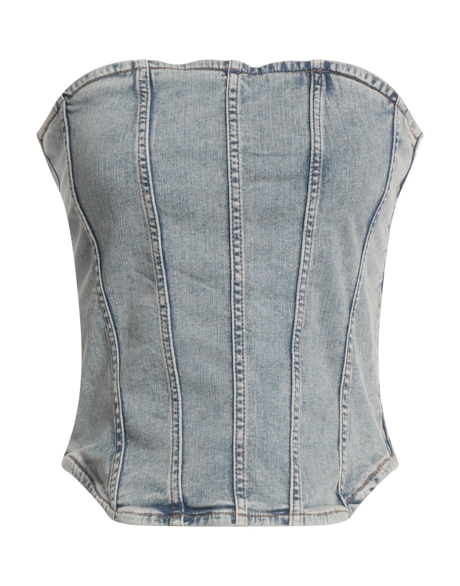 데님, 장식 부착 없음, 솔리드 컬러, 라이트 워싱, 와이드 네크라인, 지퍼 여밈, 포켓 없음, 스트레치, 세탁기 세탁 또는 드라이클리닝, 표백 금지, 건조기 사용가능, 방도 탑. 이미지