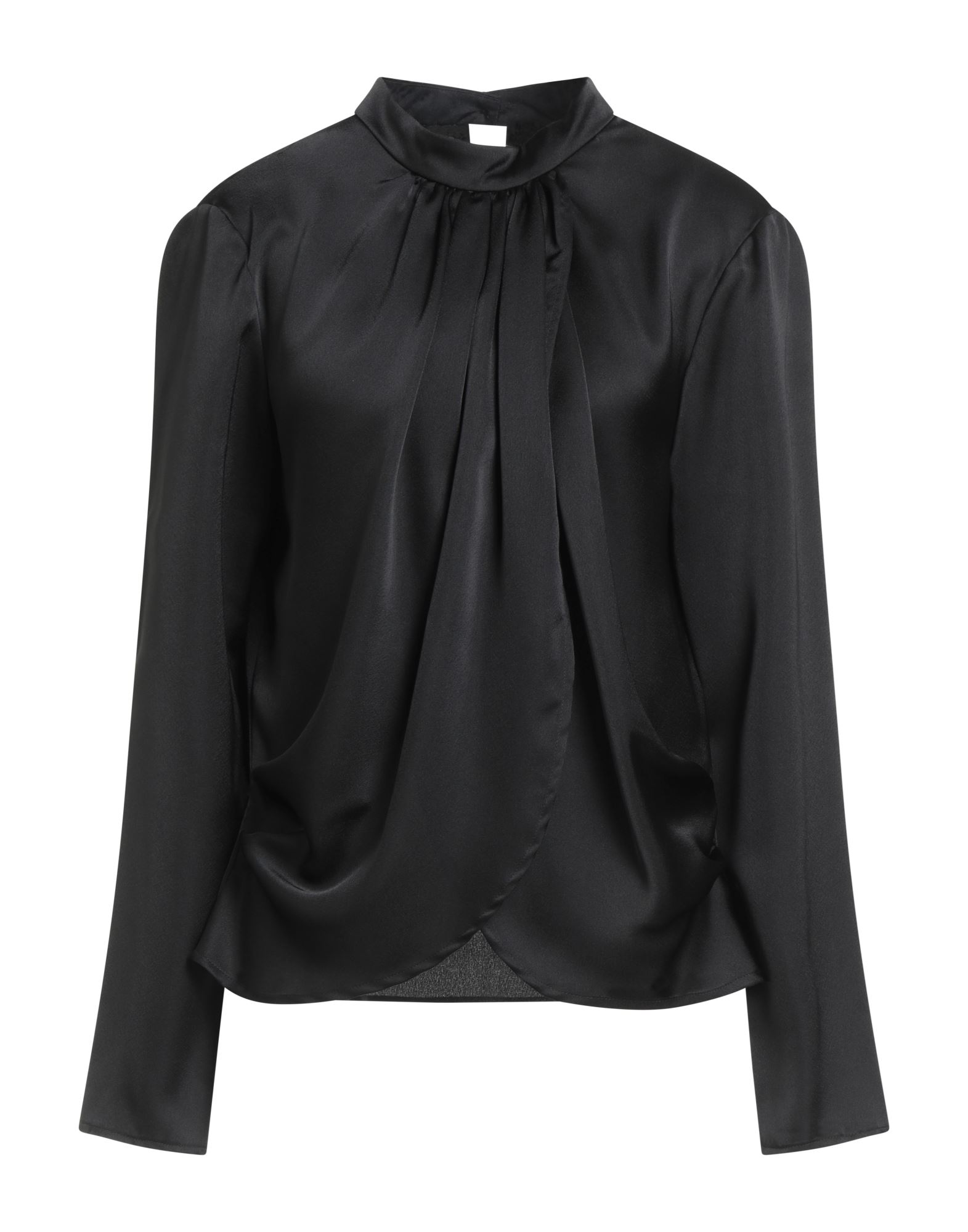 탑, 새틴, 솔리드 컬러, 장식 부착 없음, 터틀넥, 롱 슬리브, 버튼 여밈, 스트레치, 세탁기 세탁 또는 드라이클리닝, 표백 금지, 건조기 사용불가. 이미지