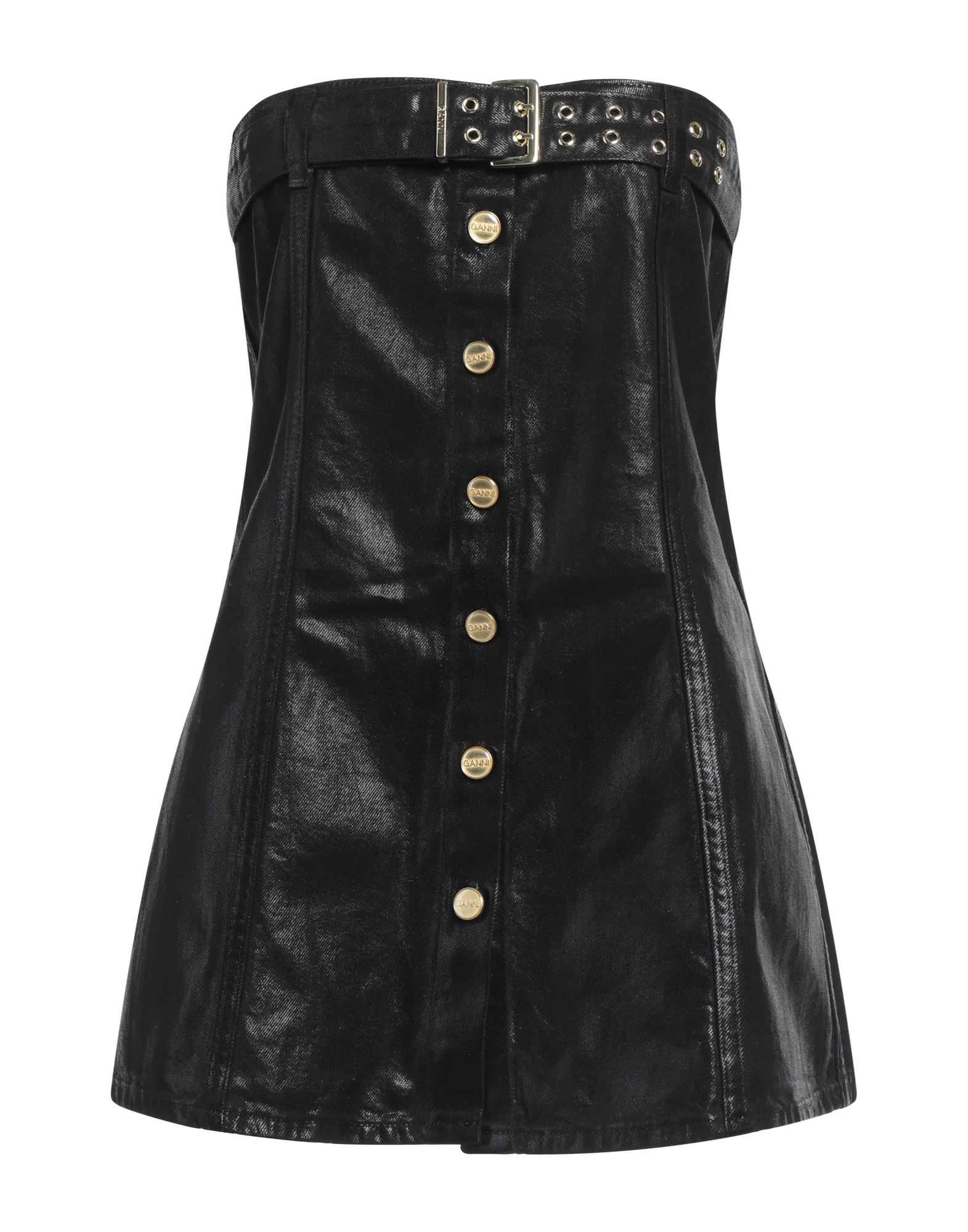 탑, 데님, 코팅 효과, 솔리드 컬러, 벨트, 오프숄더, 슬리브리스, 안감없음, 버튼 여밈, 드라이클리닝, 표백 금지, 건조기 사용불가, 다림질 금지. 이미지