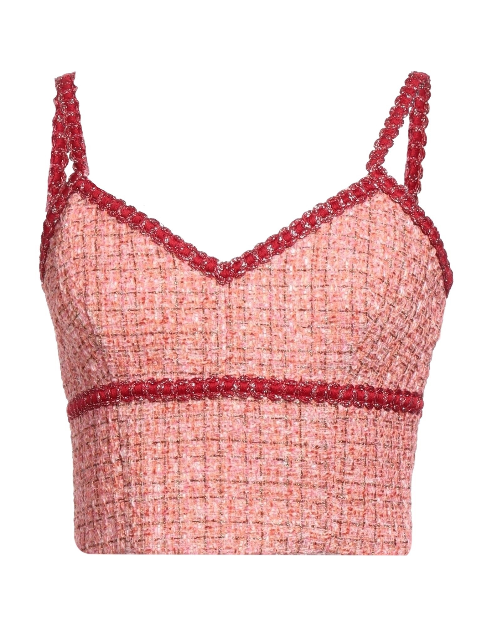 크롭 탑, 트위드, 멀티컬러 패턴, 장식 부착 없음, 딥 네크라인, 슬리브리스, 안감있음, 지퍼 여밈. 이미지