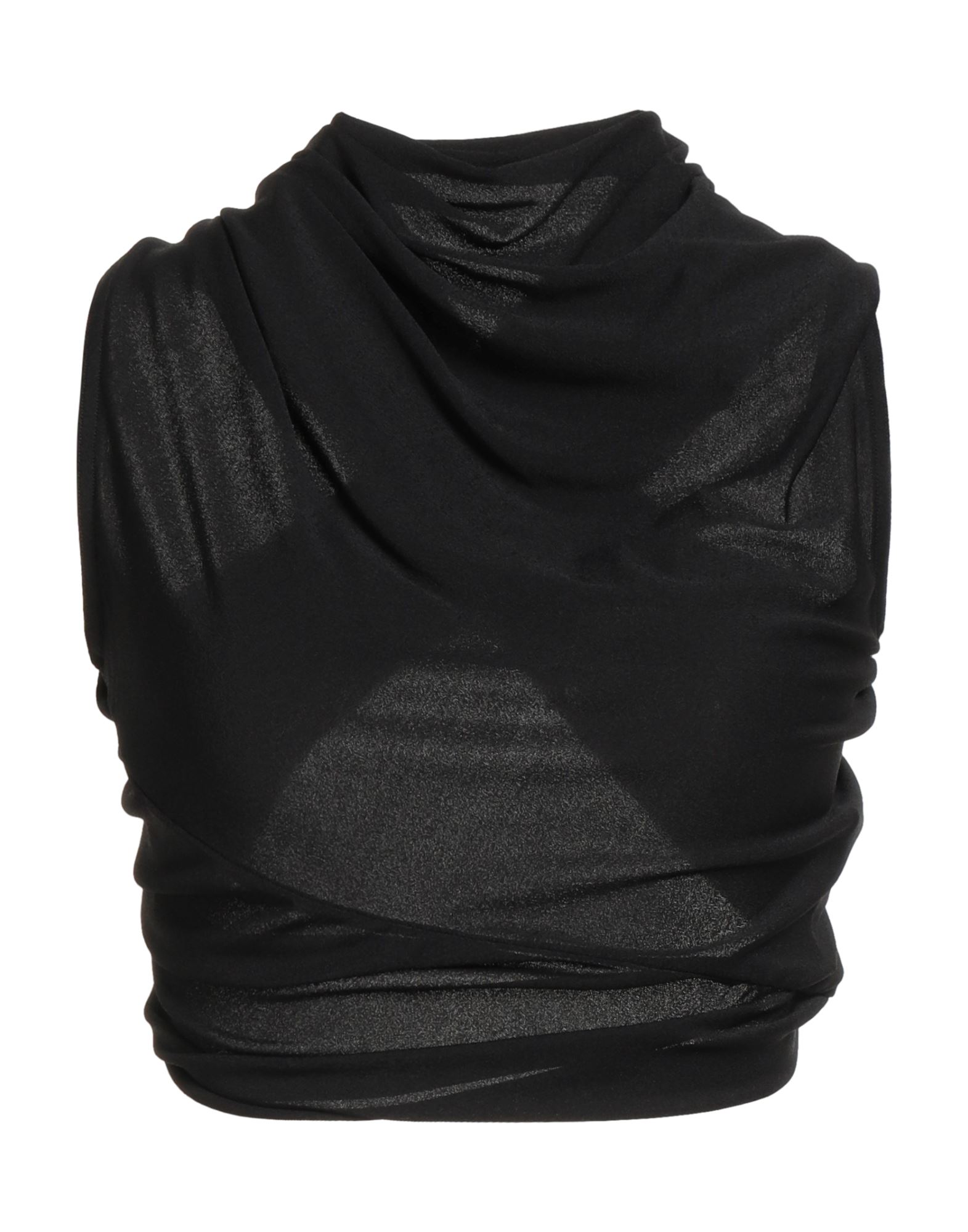 크롭 탑, 저지, 크레이프, 솔리드 컬러, 장식 부착 없음, 드레이프 네크라인, 슬리브리스, 스트레치, 손세탁 또는 드라이클리닝, 표백 금지, 건조기 사용불가. 이미지