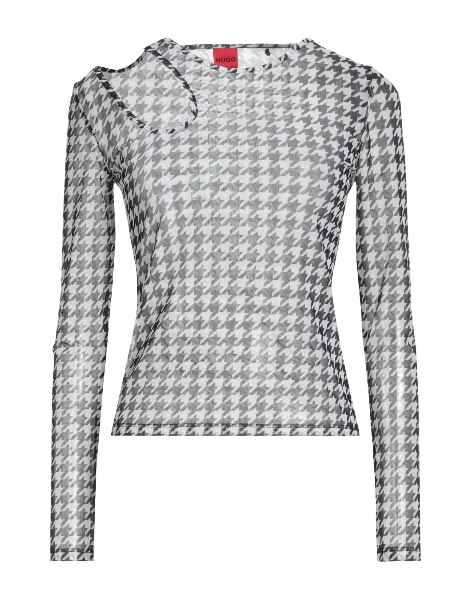 티셔츠, 튤, 스트레치 패브릭, 하운드투스, 컷아웃 효과, 브랜드 로고, 크루넥, 롱 슬리브, 세탁기로 세탁, 표백 금지, 건조기 사용불가. 이미지