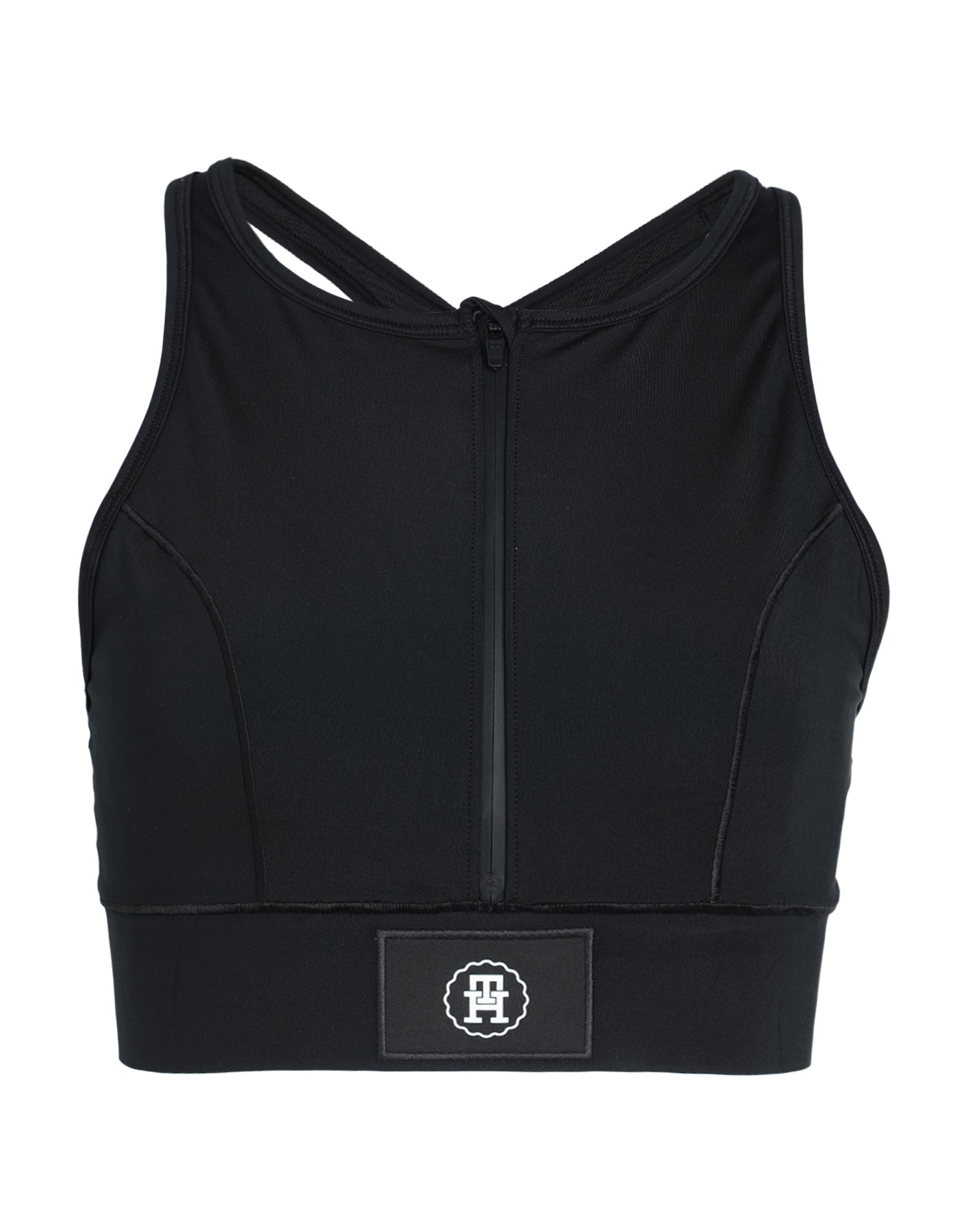 합성 저지, 브랜드 로고, 솔리드 컬러, 크루넥, 슬리브리스, 지퍼 여밈, 엘라스틱 헴라인, 스트레치, 스포츠 탑. 이미지