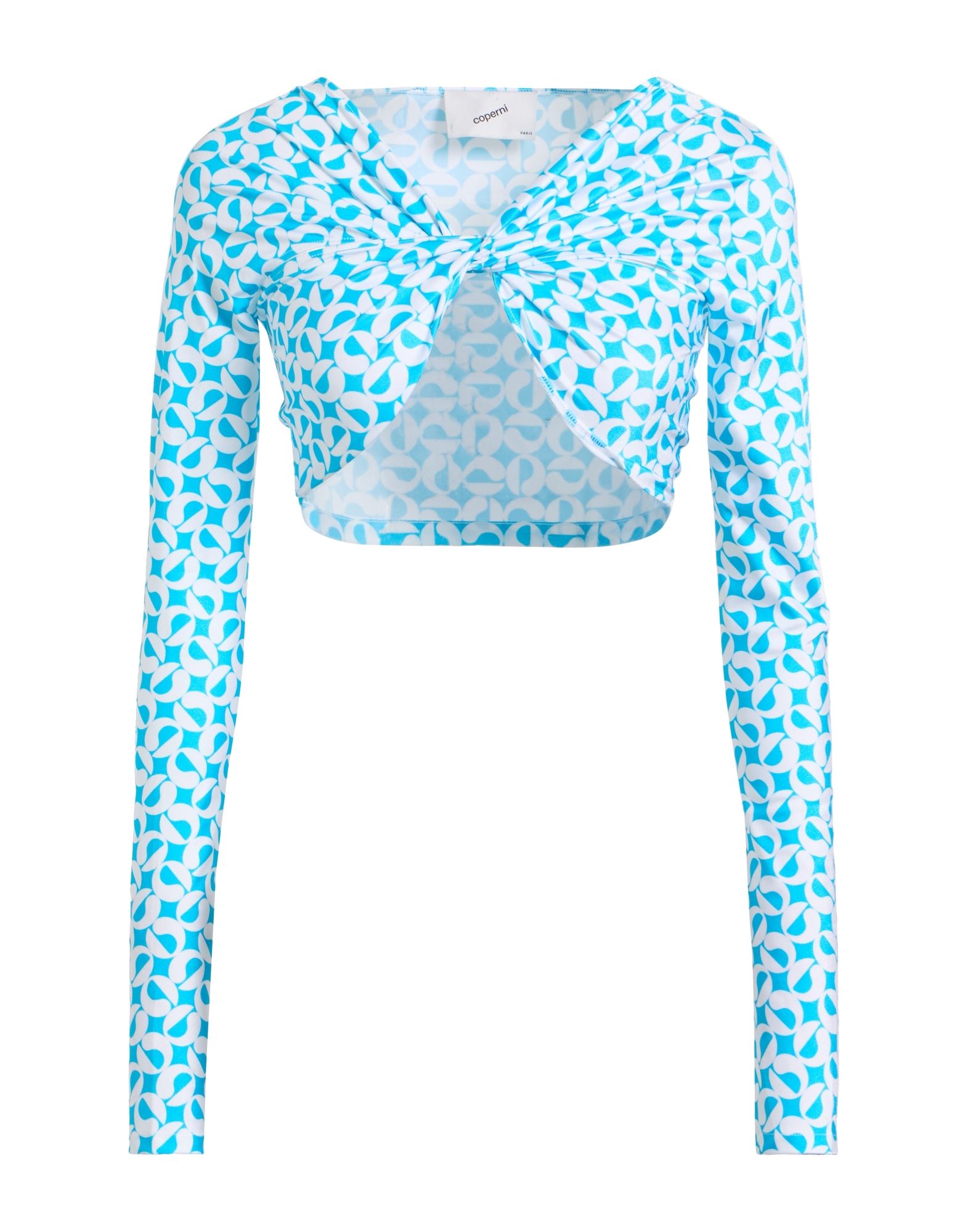 크롭 탑, 합성 저지, 스트레치 패브릭, 투톤 패턴, 개더 디테일, 와이드 네크라인, 롱 슬리브, 세탁기 세탁 또는 드라이클리닝, 표백 금지, 건조기 사용불가. 이미지