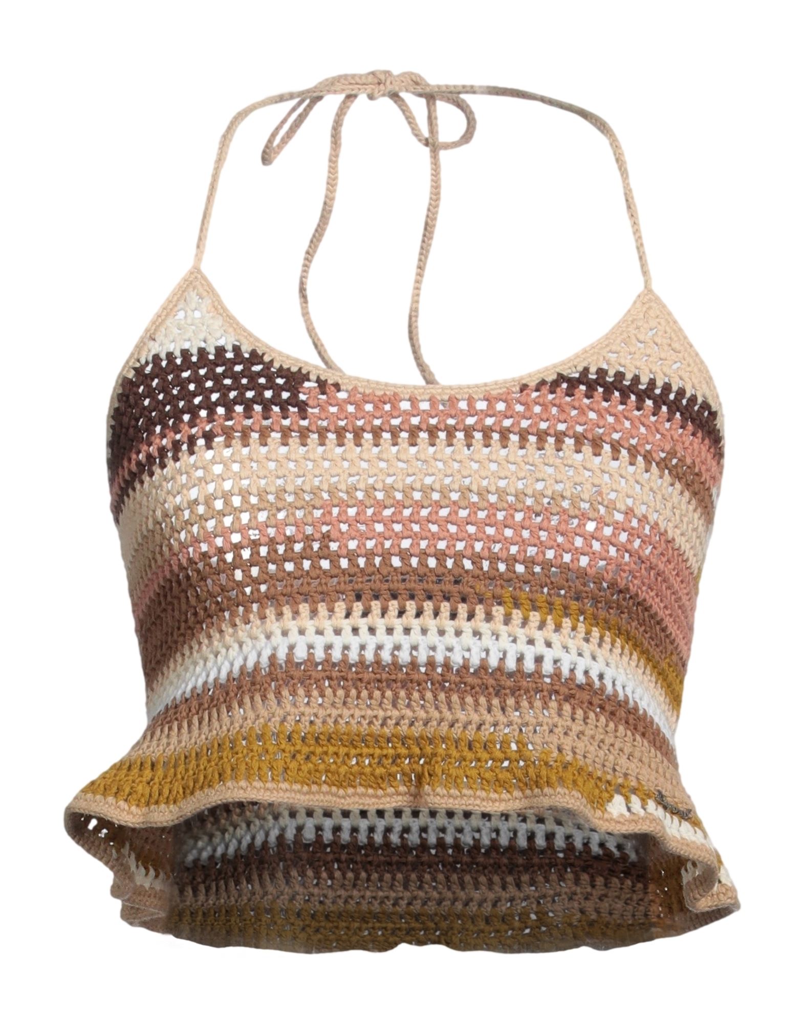 니트 소재, 라이트웨이트 니트, 브랜드 로고, 멀티컬러 패턴, 딥 네크라인, 슬리브리스, 셀프타이/스트링 여밈, 포켓 없음, 크롭 탑. 이미지