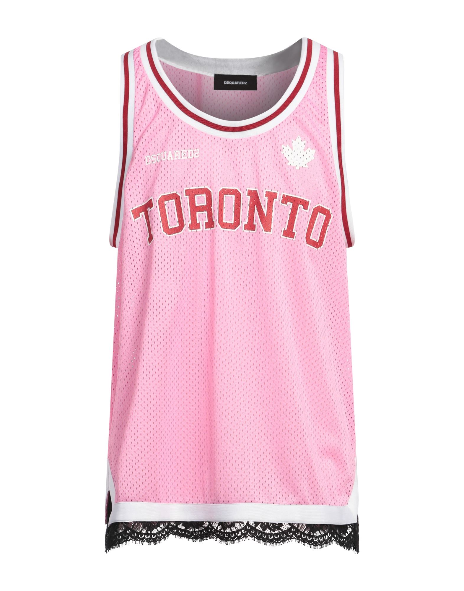 합성 저지, 레이스, 퍼포레이트, 멀티컬러 패턴, 브랜드 로고, 프린트, 크루넥, 슬리브리스, 세탁기 세탁 또는 드라이클리닝, 표백 금지, 건조기 사용불가. 이미지