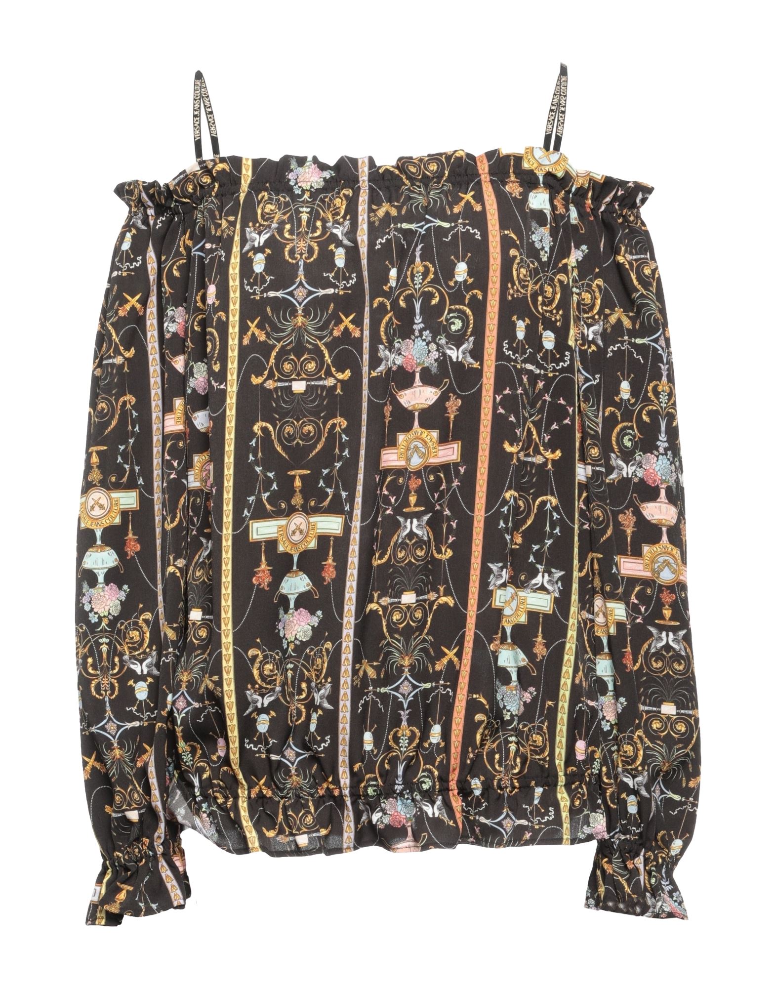 오프 더 숄더 탑, 크레이프, 시그니처 프린트, 브랜드 로고, 롱 슬리브, 엘라스틱 헴라인, 이 브랜드는 사이즈가 작게 나옵니다. 이미지