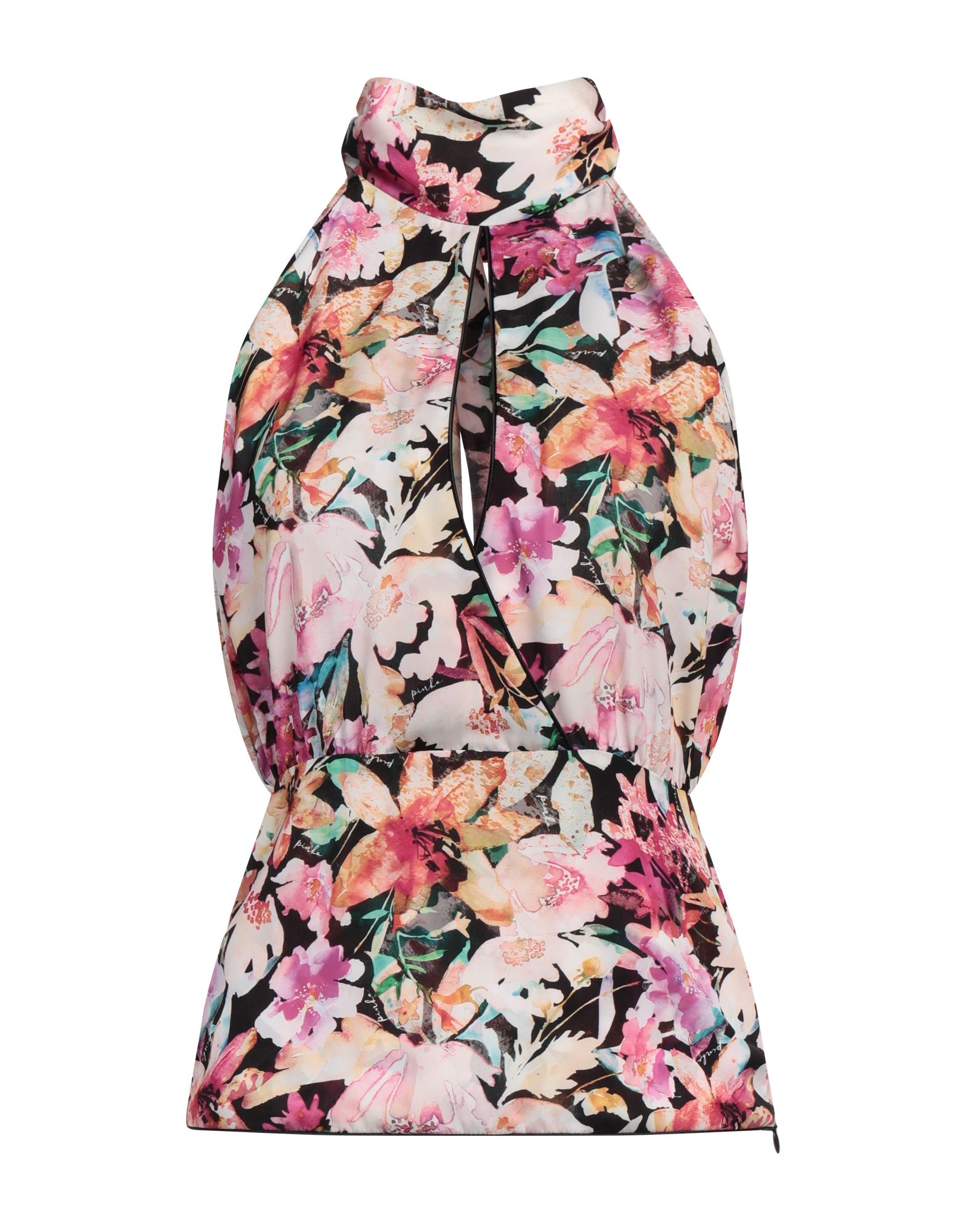 크레이프, 장식 부착 없음, 플로럴 모티브, 터틀넥, 슬리브리스, 셀프타이/스트링 여밈, 포켓 없음, 탑. 이미지