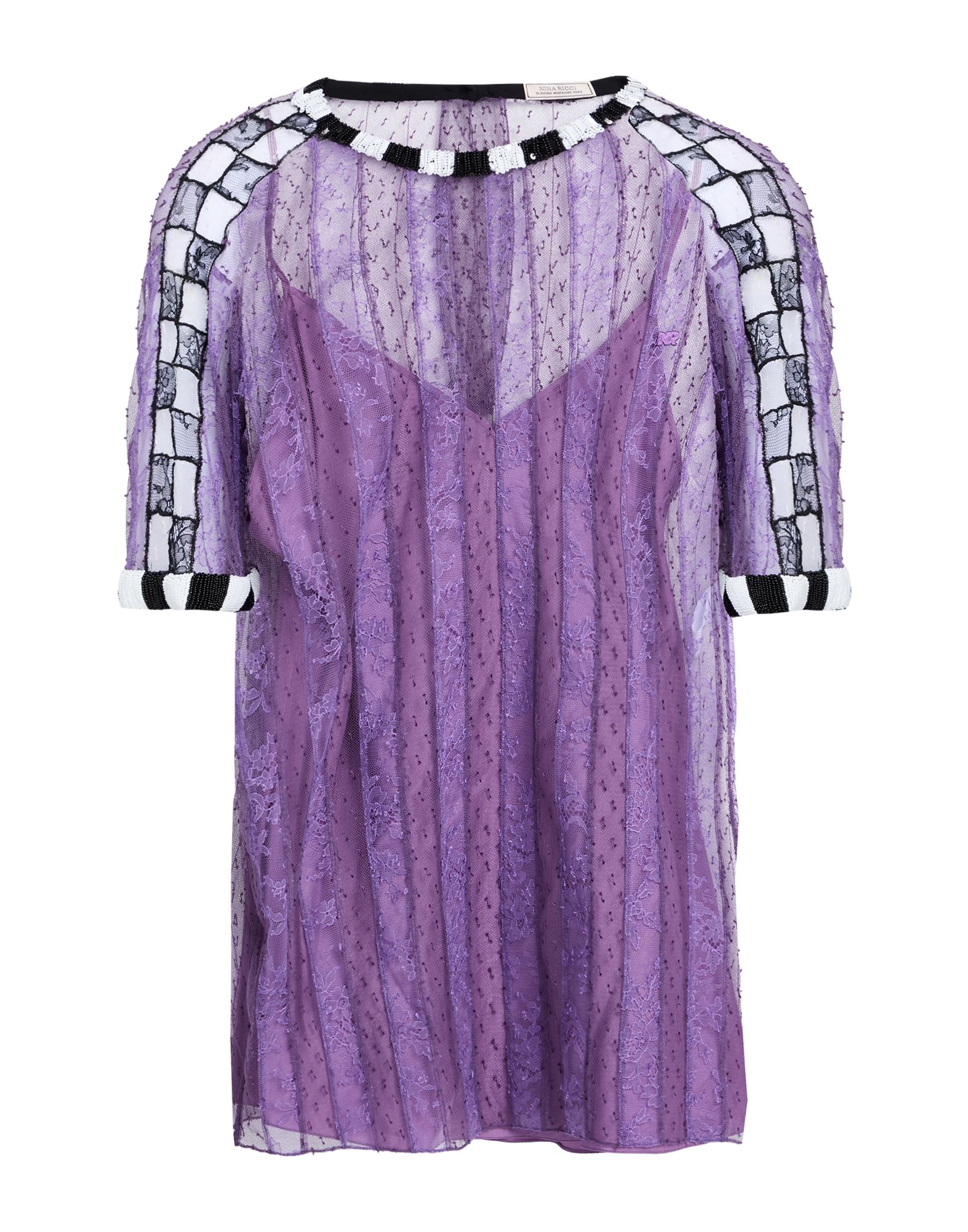 탑, 레이스, 멀티컬러 패턴, 비즈, 크루넥, 쇼트 슬리브, 탈착 가능한 이너 캐미솔, 스냅버튼 여밈, 드라이클리닝, 표백 금지, 건조기 사용불가. 이미지