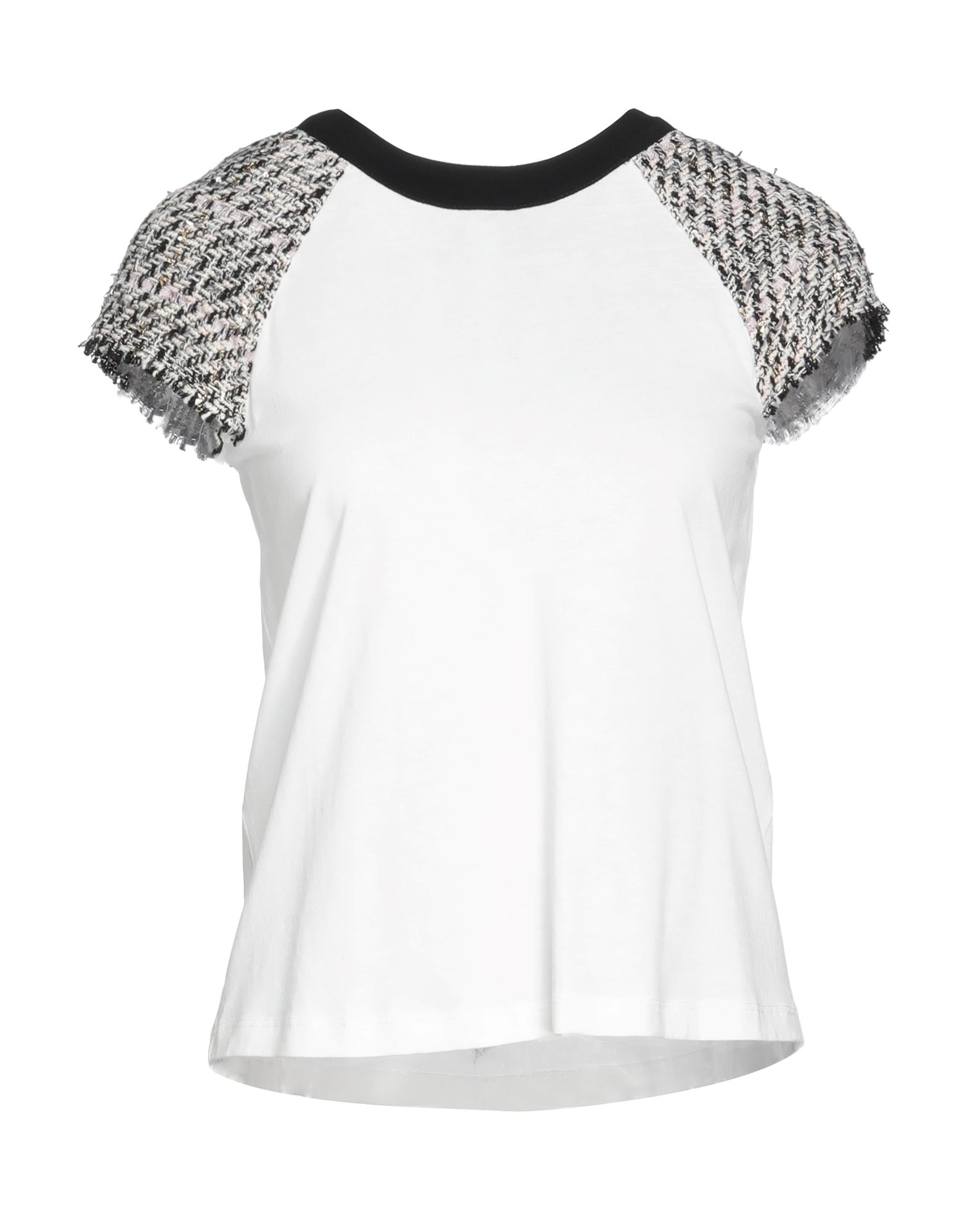 트위드, 저지, 라메, 장식 부착 없음, 멀티컬러 패턴, 라운드 네크라인, 쇼트 슬리브, 셀프타이/스트링 여밈, 포켓 없음. 이미지