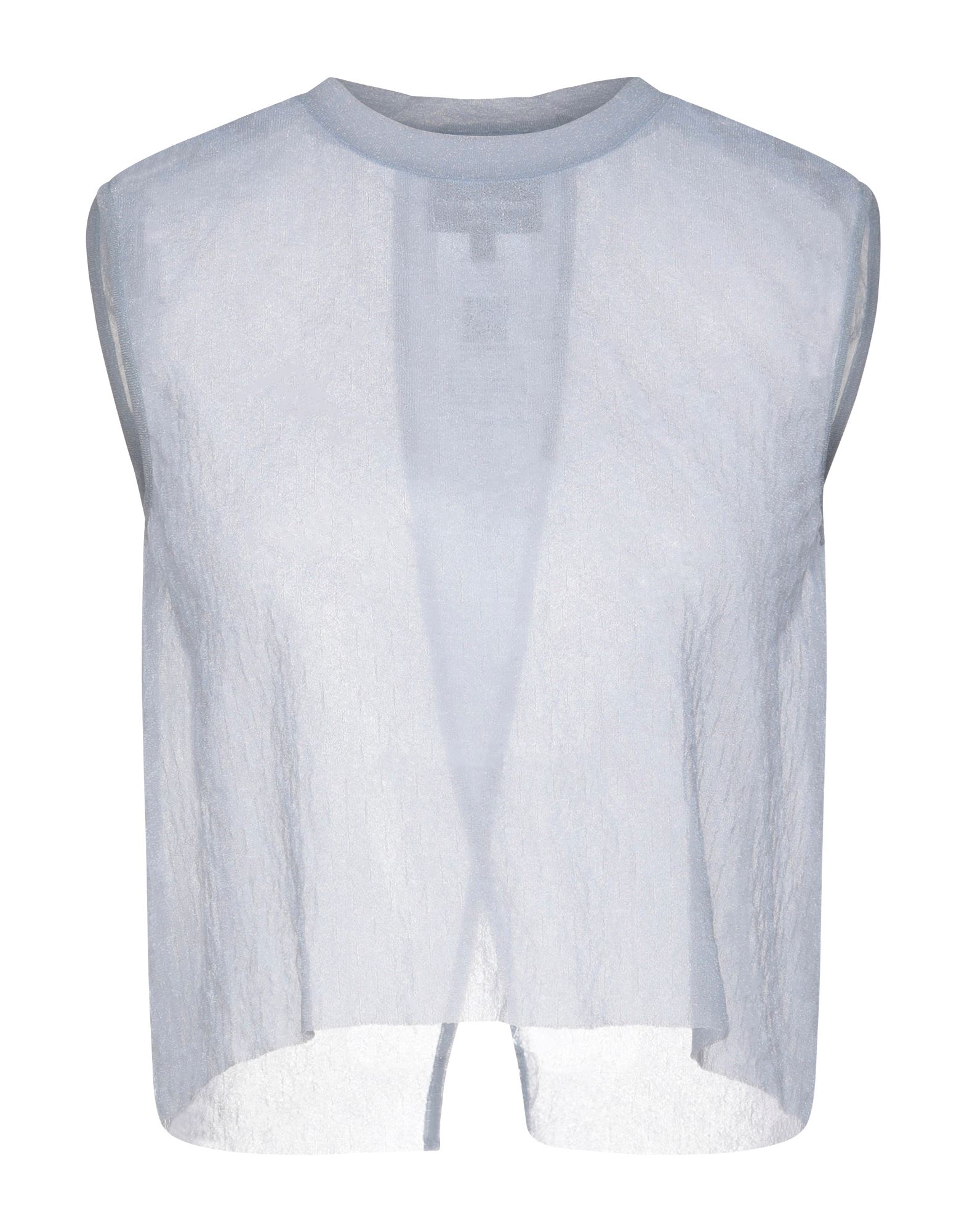 니트 소재, 라메, 장식 부착 없음, 라이트웨이트 니트, 솔리드 컬러, 라운드 네크라인, 슬리브리스, 포켓 없음, 스몰 핏. 이미지