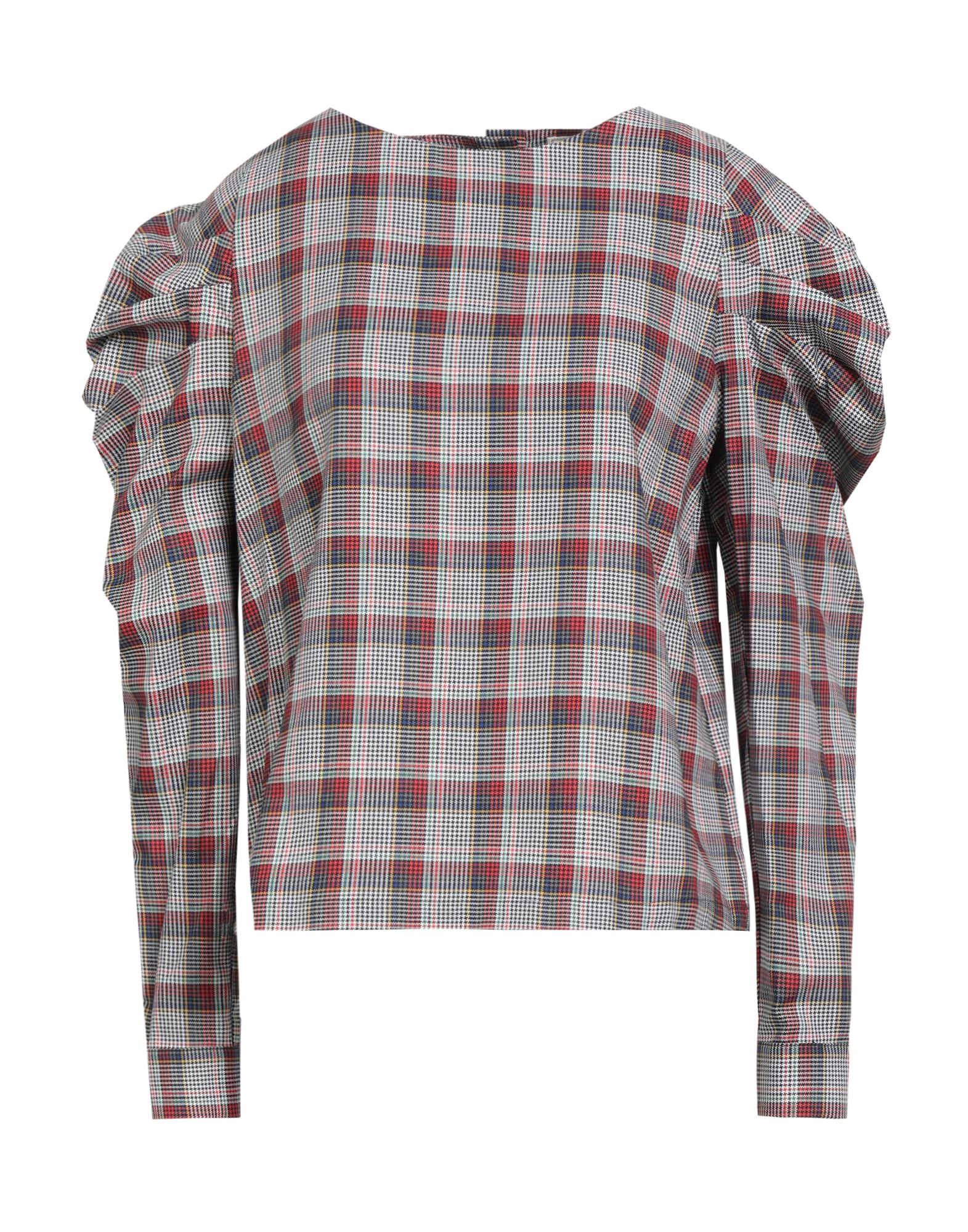 탑, 우븐, 프린스 오브 웨일스, 장식 부착 없음, 크루넥, 롱 슬리브, 개더 디테일 소매, 버튼 커프스, 세탁기 세탁 또는 드라이클리닝, 표백 금지, 건조기 사용불가. 이미지