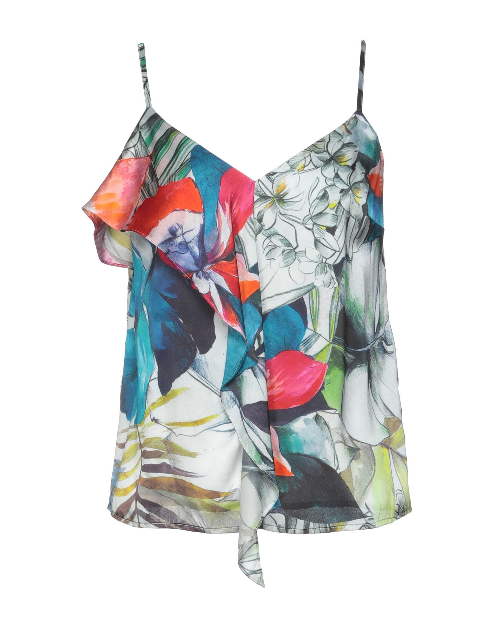 루쉬 디테일 탑, 새틴, 플로럴 모티브, 러플, 딥 네크라인, 슬리브리스. 이미지