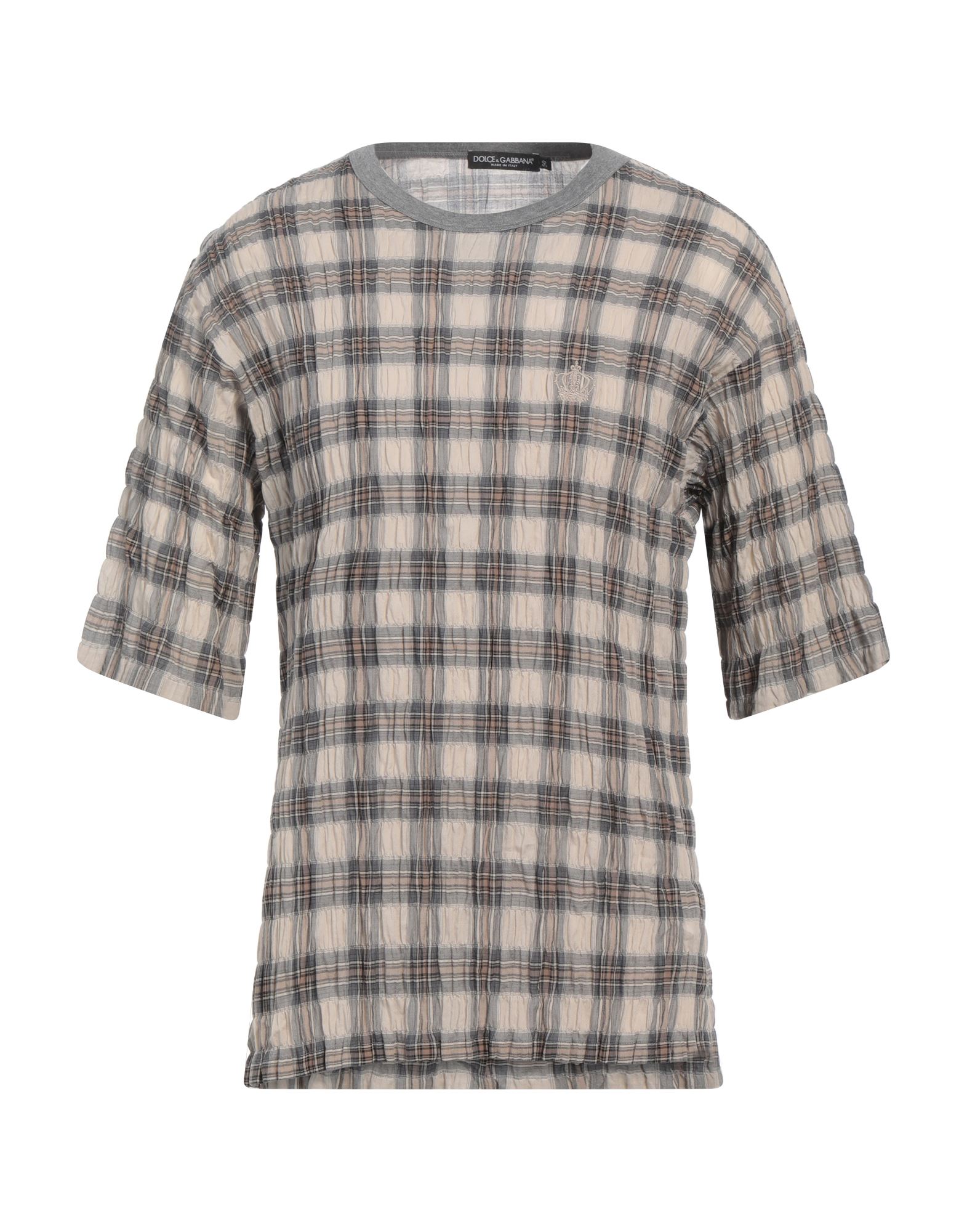 패턴 티셔츠, 우븐, 니트 소재, 라이트웨이트 니트, 타탄체크, 브랜드 로고, 크루넥, 쇼트 슬리브, 포켓 없음, 손세탁, 표백 금지, 건조기 사용불가, 이 브랜드는 사이즈가 크게 나옵니다. 이미지