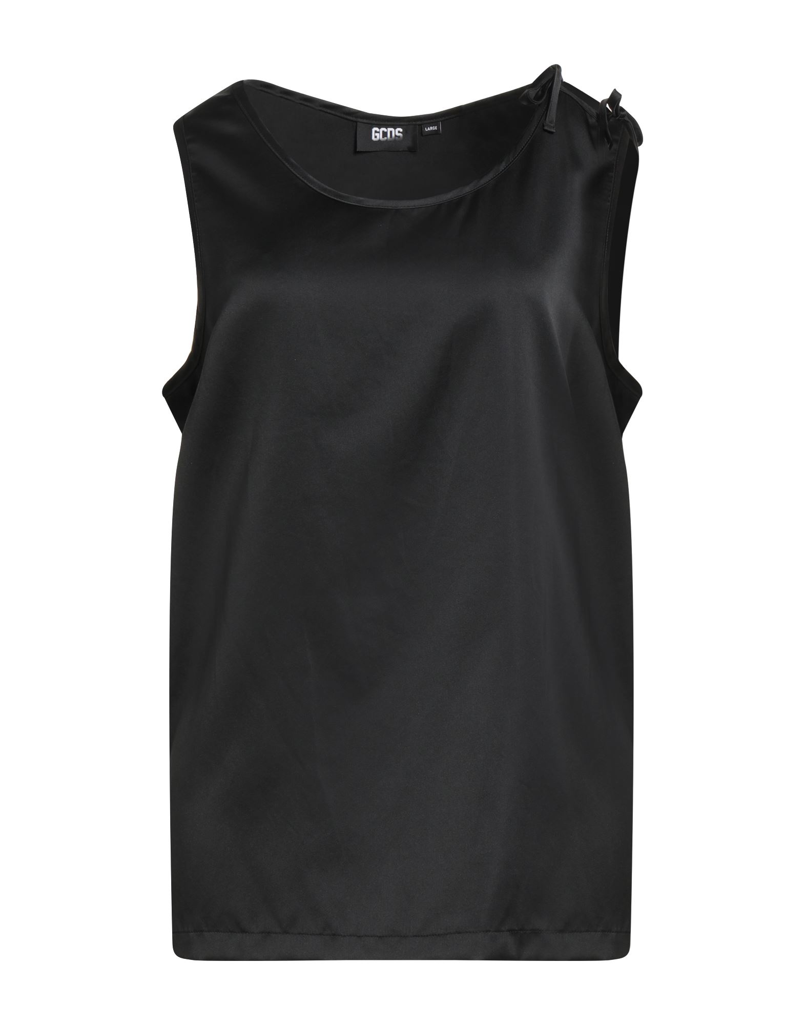 탑, 새틴, 솔리드 컬러, 장식 부착 없음, 크루넥, 슬리브리스, 타이 여밈, 드라이클리닝, 건조기 사용불가. 이미지