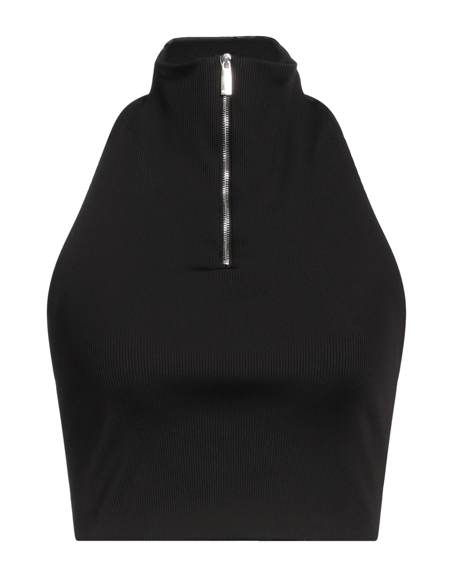 크롭 탑, 니트 소재, 리브(rib) 조직, 라이트웨이트 니트, 솔리드 컬러, 장식 부착 없음, 터틀넥, 슬리브리스, 지퍼 여밈, 스트레치. 이미지