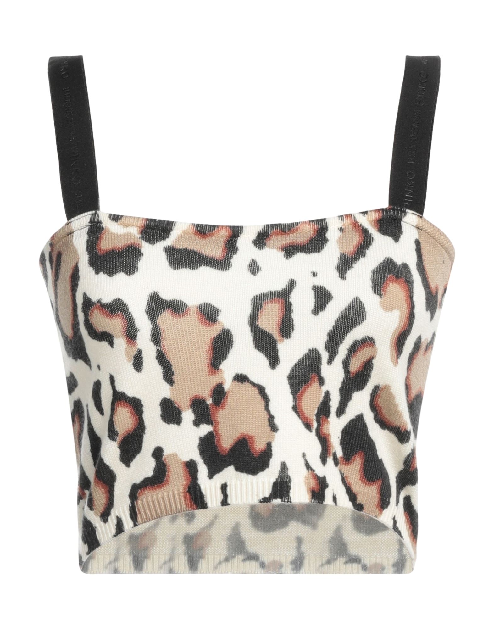 크롭 탑, 니트 소재, 라이트웨이트 니트, 레오파드 패턴, 브랜드 로고, 와이드 네크라인, 슬리브리스. 이미지