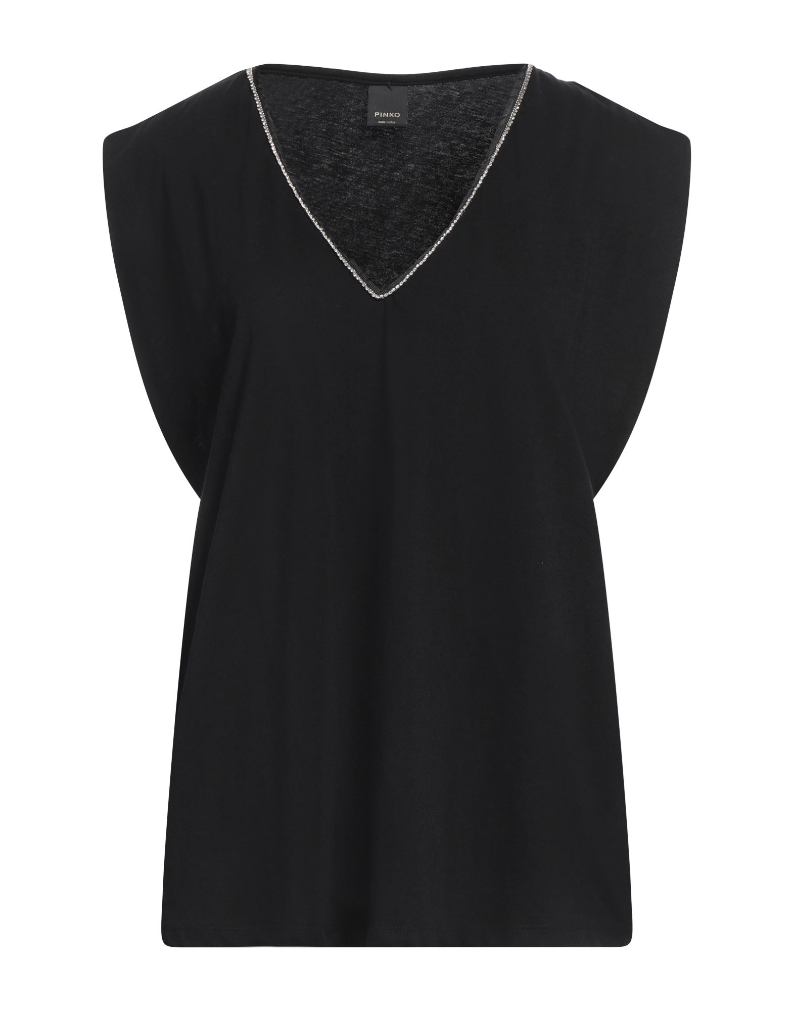 탑, 저지, 장식 디테일 솔리드 컬러, 크리스탈, 브랜드 로고, v 네크라인, 슬리브리스, 손세탁, 표백 금지, 건조기 사용불가. 이미지