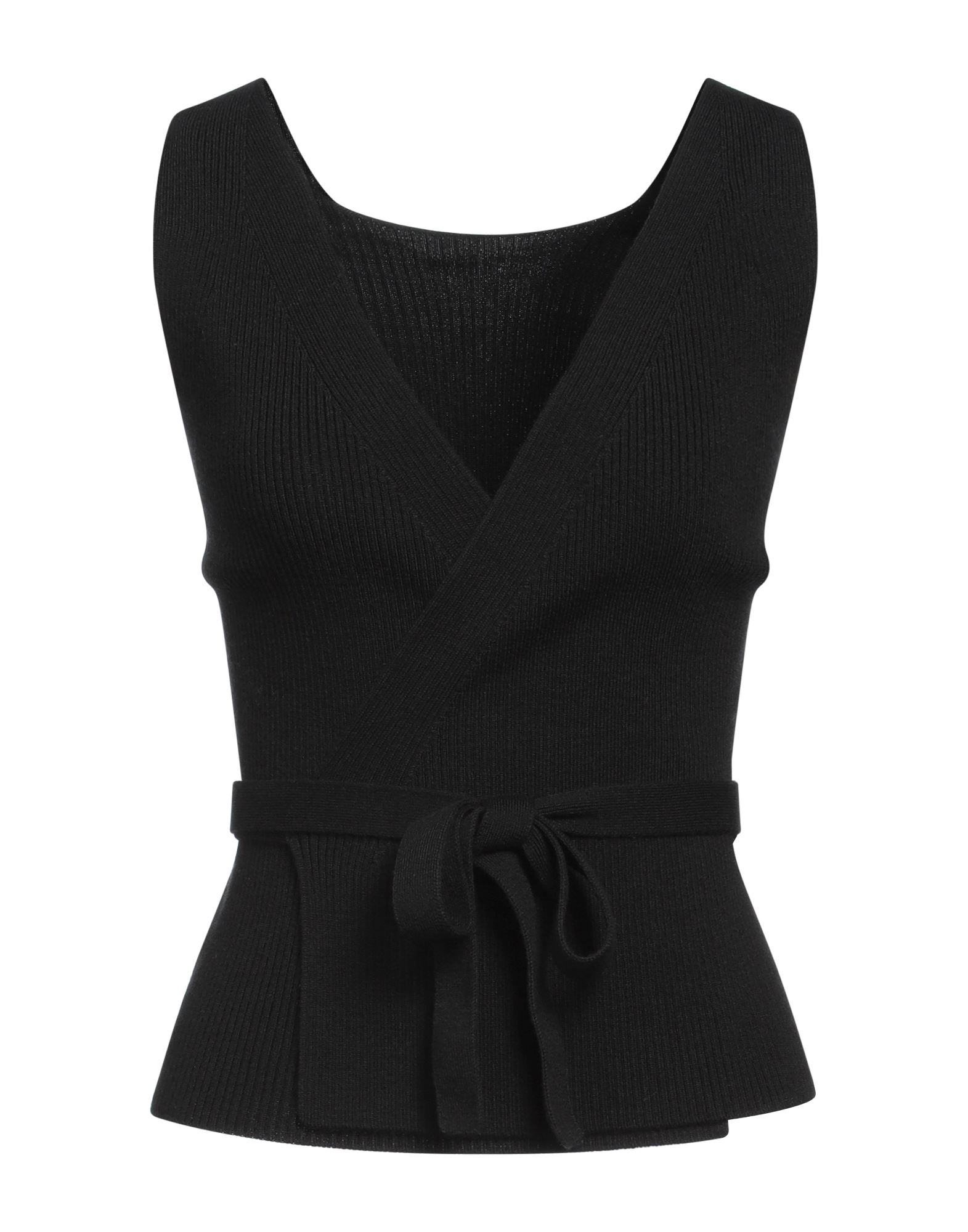 니트 소재, 라이트웨이트 니트, 브랜드 로고, 솔리드 컬러, 딥 네크라인, 슬리브리스, 타이 여밈, 포켓 없음, 손세탁 또는 드라이클리닝, 표백 금지, 건조기 사용불가, 랩 오버 탑. 이미지