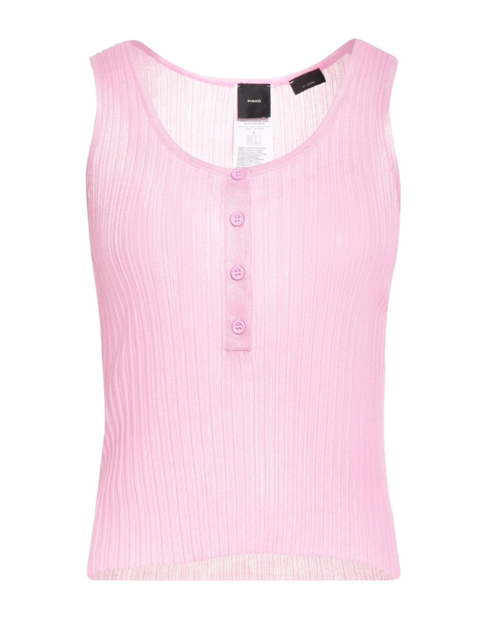 탑, 니트 소재, 리브(rib) 조직, 메탈릭 효과, 라이트웨이트 니트, 솔리드 컬러, 장식 부착 없음, 크루넥, 슬리브리스, 버튼 여밈, 손세탁, 표백 금지, 건조기 사용불가. 이미지