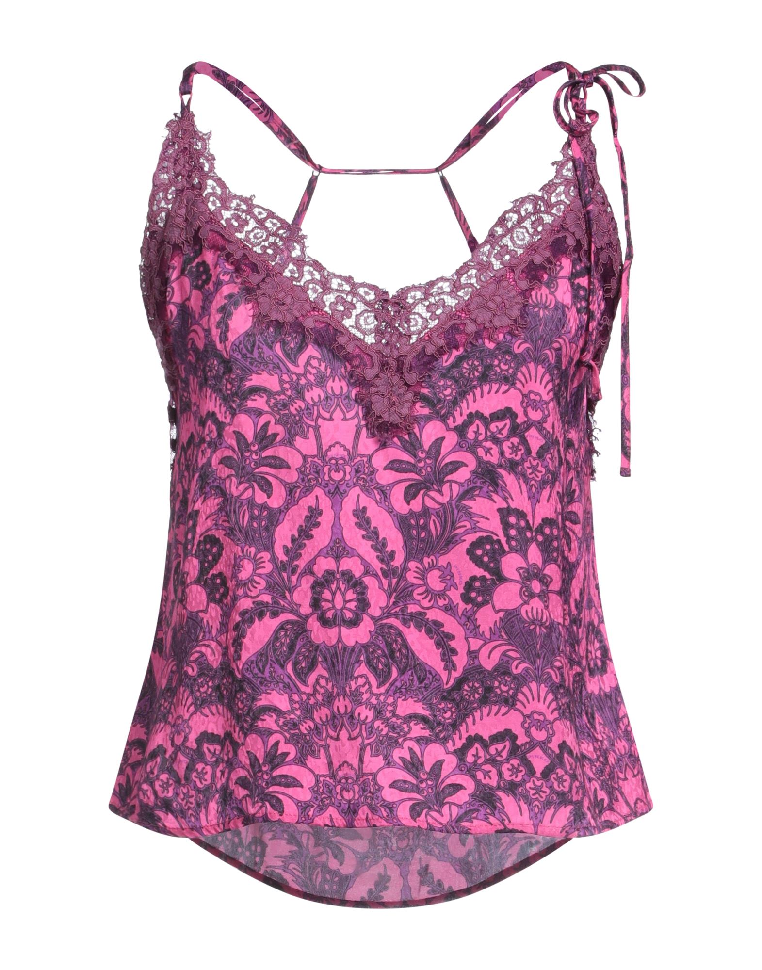 캐미솔, 새틴, 플로럴 모티브, 레이스 트리밍, 딥 네크라인, 슬리브리스, 세탁기 세탁 또는 드라이클리닝, 표백 금지, 건조기 사용불가. 이미지