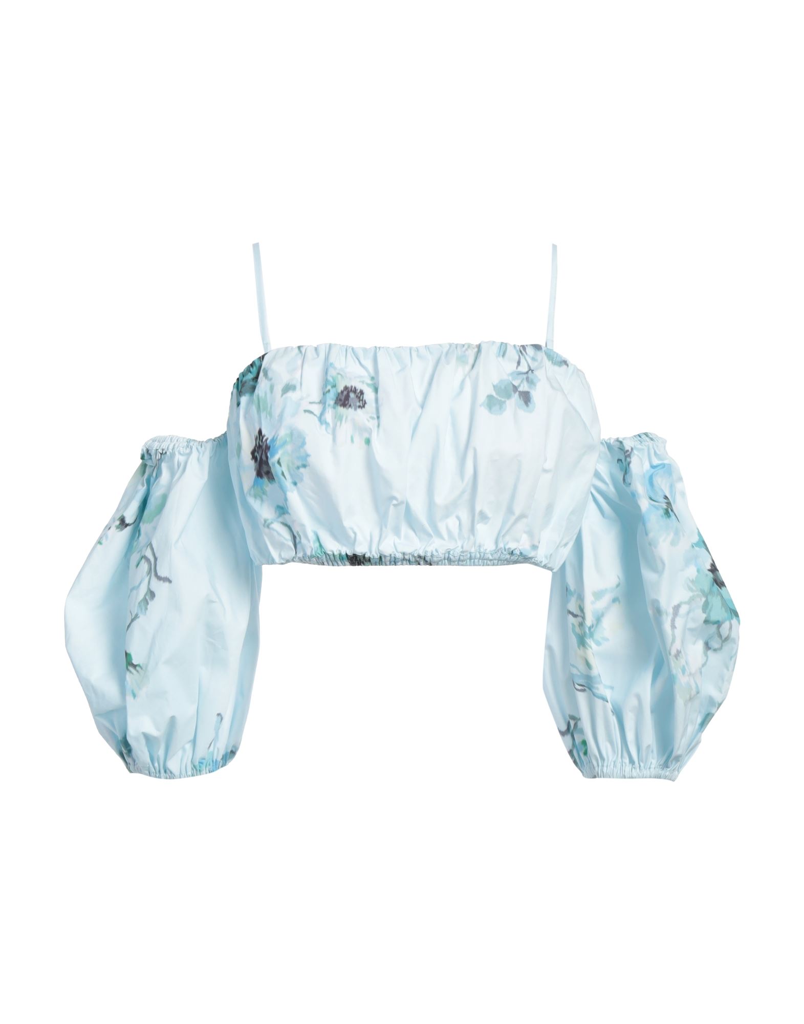 크롭 탑, 포플린, 플로럴 모티브, 개더 디테일, 오프숄더, 쇼트 슬리브, 퍼프 슬리브, 후크 여밈, 드라이클리닝, 표백 금지, 건조기 사용불가. 이미지