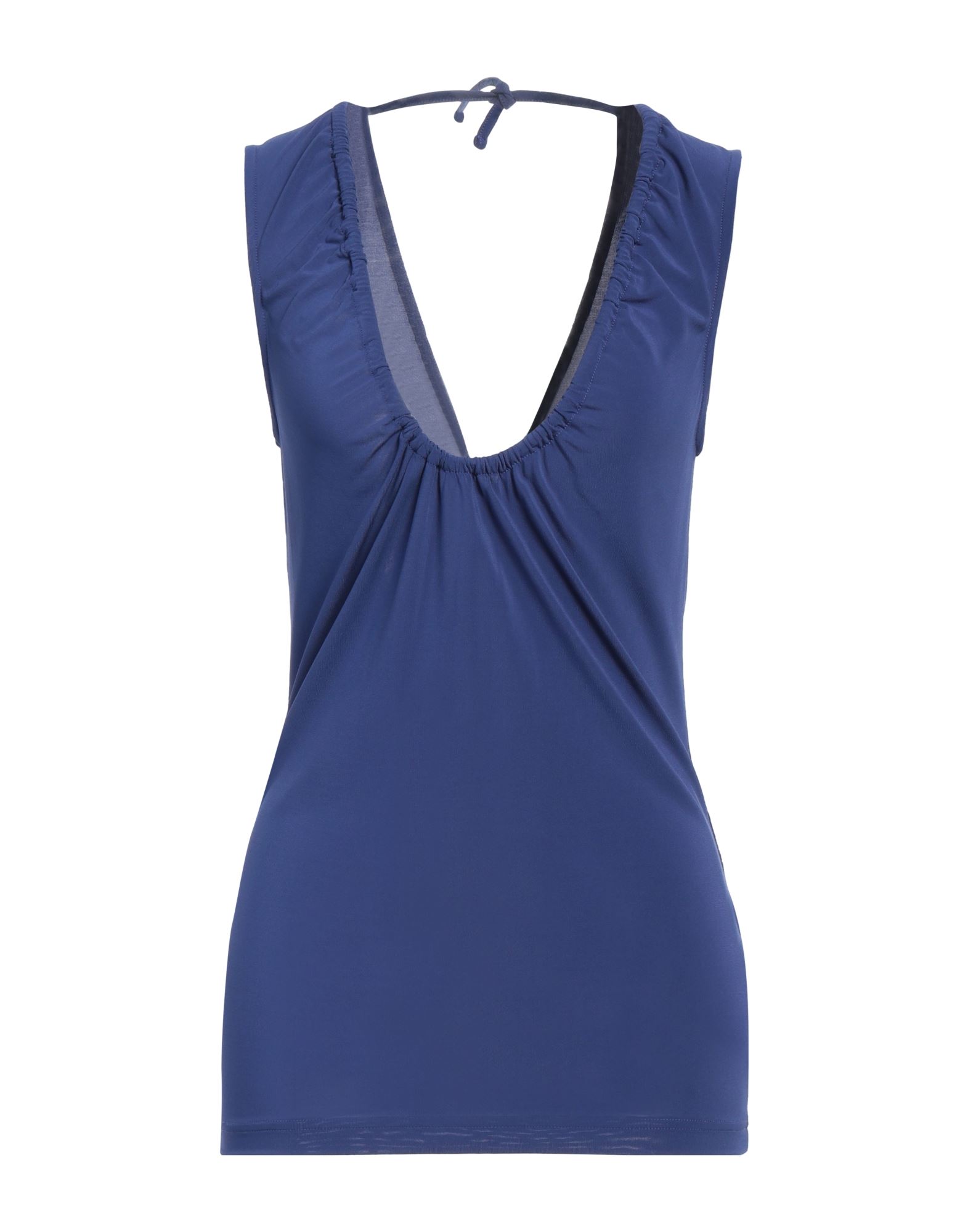 탑, 저지, 솔리드 컬러, 개더 디테일, 딥 네크라인, 슬리브리스, 스트레치, 세탁기로 세탁, 표백 금지, 건조기 사용불가. 이미지