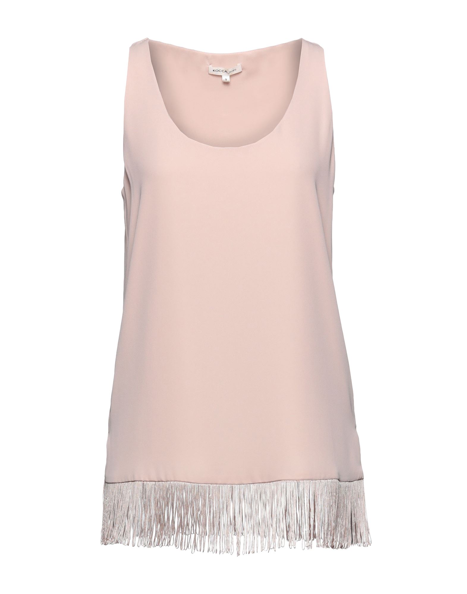 탑, 크레이프, 솔리드 컬러, 프린지, 브랜드 로고, 크루넥, 슬리브리스, 안감있음, 사이드 슬릿 헴라인. 이미지