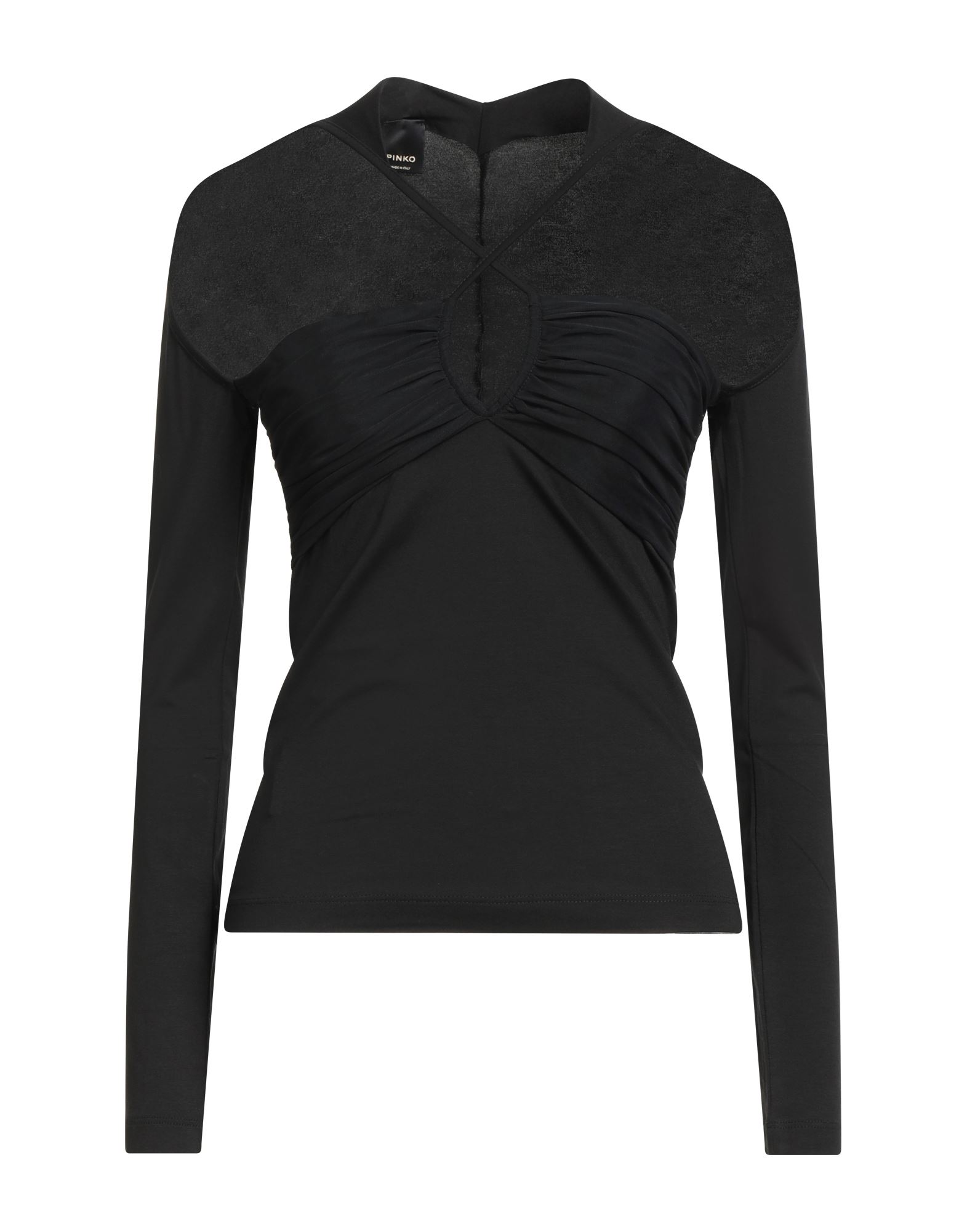 탑, 저지, 스트레치 패브릭, 솔리드 컬러, 튤 장식, 와이드 네크라인, 롱 슬리브, 세탁기 세탁 또는 드라이클리닝, 표백 금지, 건조기 사용불가. 이미지