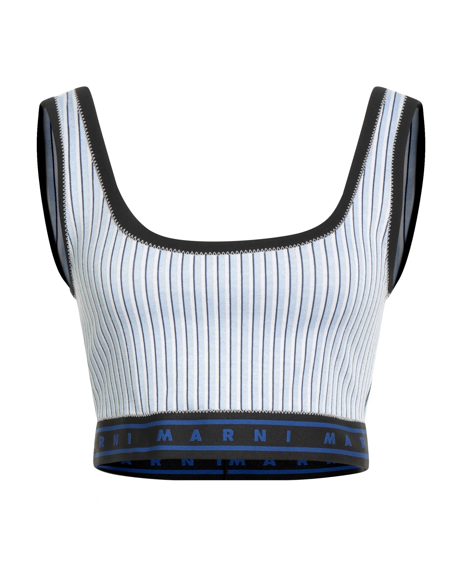 크롭 탑, 저지, 스트라이프, 브랜드 로고, 와이드 네크라인, 슬리브리스, 엘라스틱 헴라인, 스트레치, 드라이클리닝, 표백 금지, 건조기 사용불가, 이 브랜드는 사이즈가 크게 나옵니다. 이미지